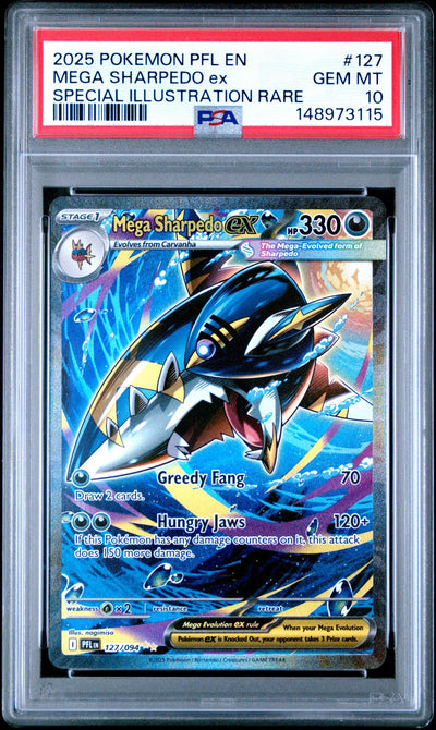 2025 Pokemon Mega Evolution Phantasmal Flames Special Illustration Rare Mega Sharpedo Ex #127 PSA 10