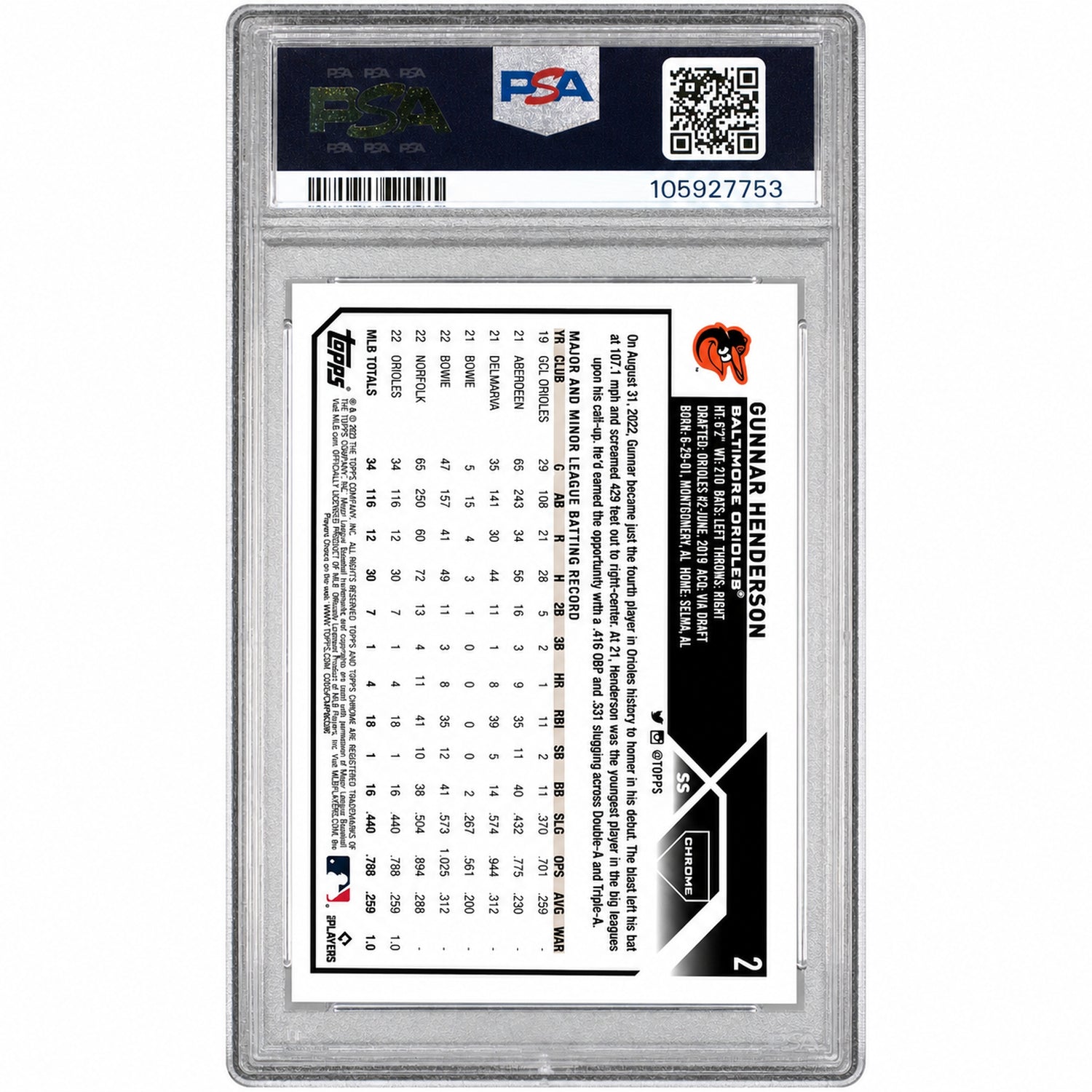 2023 Topps Chrome Logofractor Blue Refractor Gunnar Henderson #2 /150 PSA 10