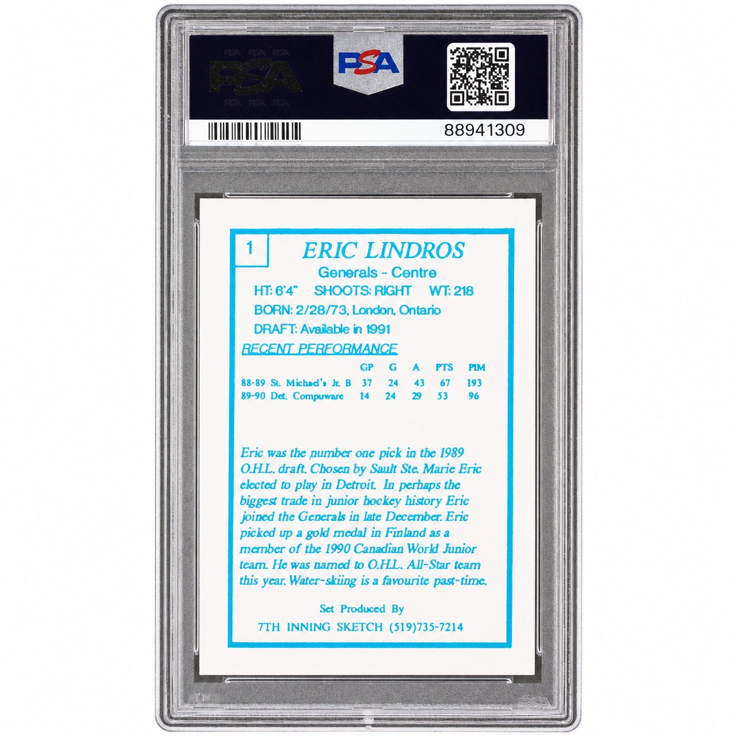 1989 7th Inning Sketch Ohl Oshawa Generals Eric Lindros #1 PSA 8