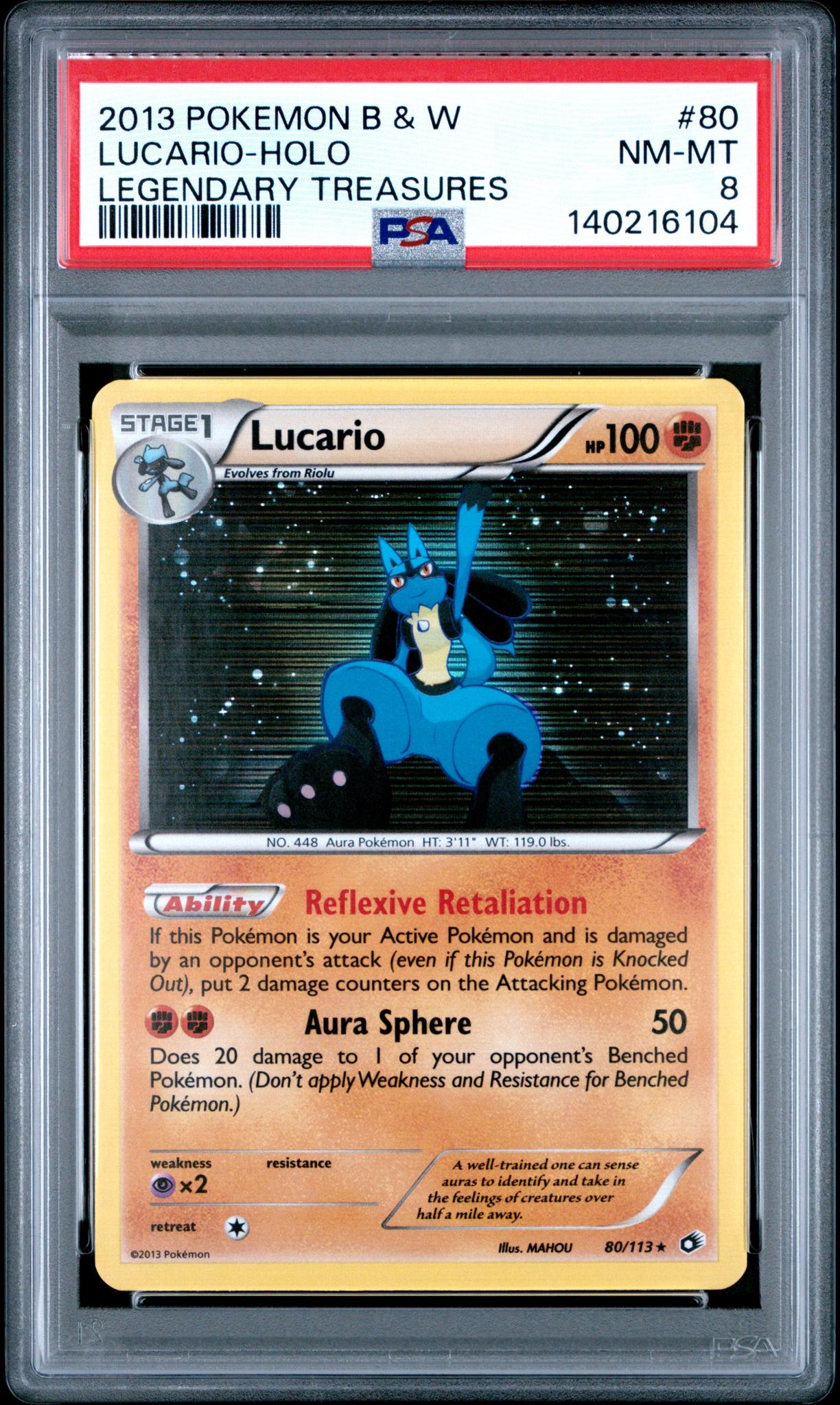 2013 Pokemon Black and White Legendary Treasures Holo Lucario #80 PSA 8