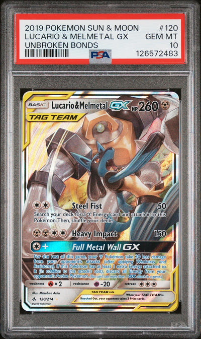 Pokémon Sun & Moon Unbroken Bonds Lucario & Melmetal GX #120/214 PSA 10