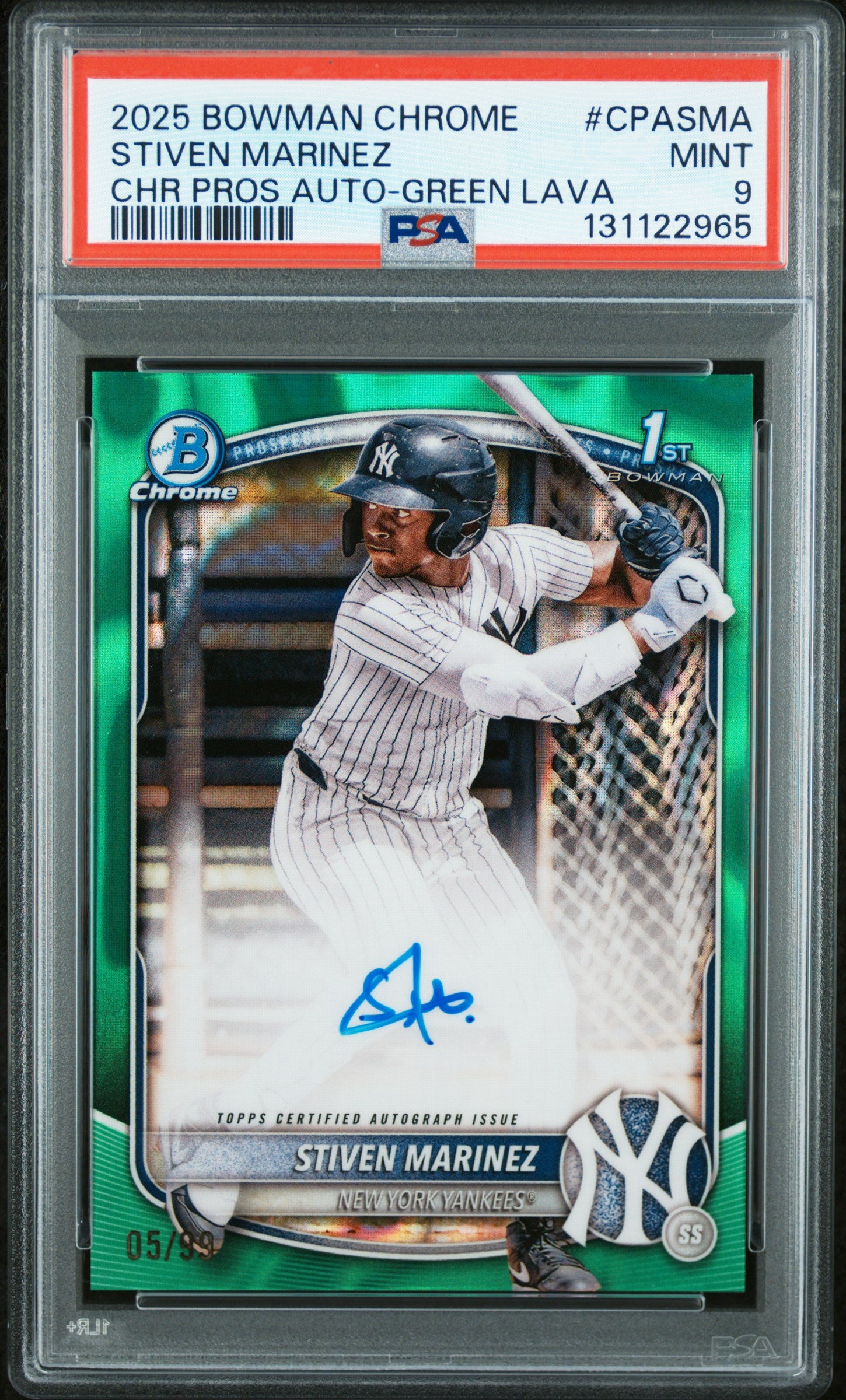 2025 Bowman Chrome Prospect Autograph Green Lava Refractor Stiven Martinez #CPASMA /99 PSA 9