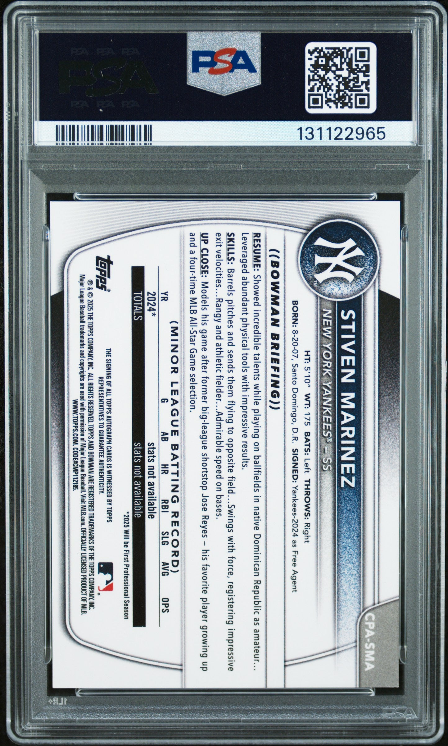 2025 Bowman Chrome Prospect Autograph Green Lava Refractor Stiven Martinez #CPASMA /99 PSA 9