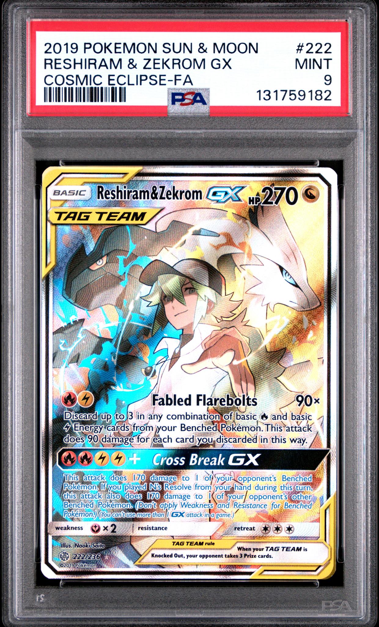 2019 Pokemon Sun and Moon Cosmic Eclipse Reshiram/Zekrom Gx #222 PSA 9