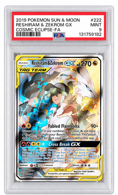 Pokémon Sun & Moon Cosmic Eclipse Reshiram & Zekrom GX #222 PSA 9