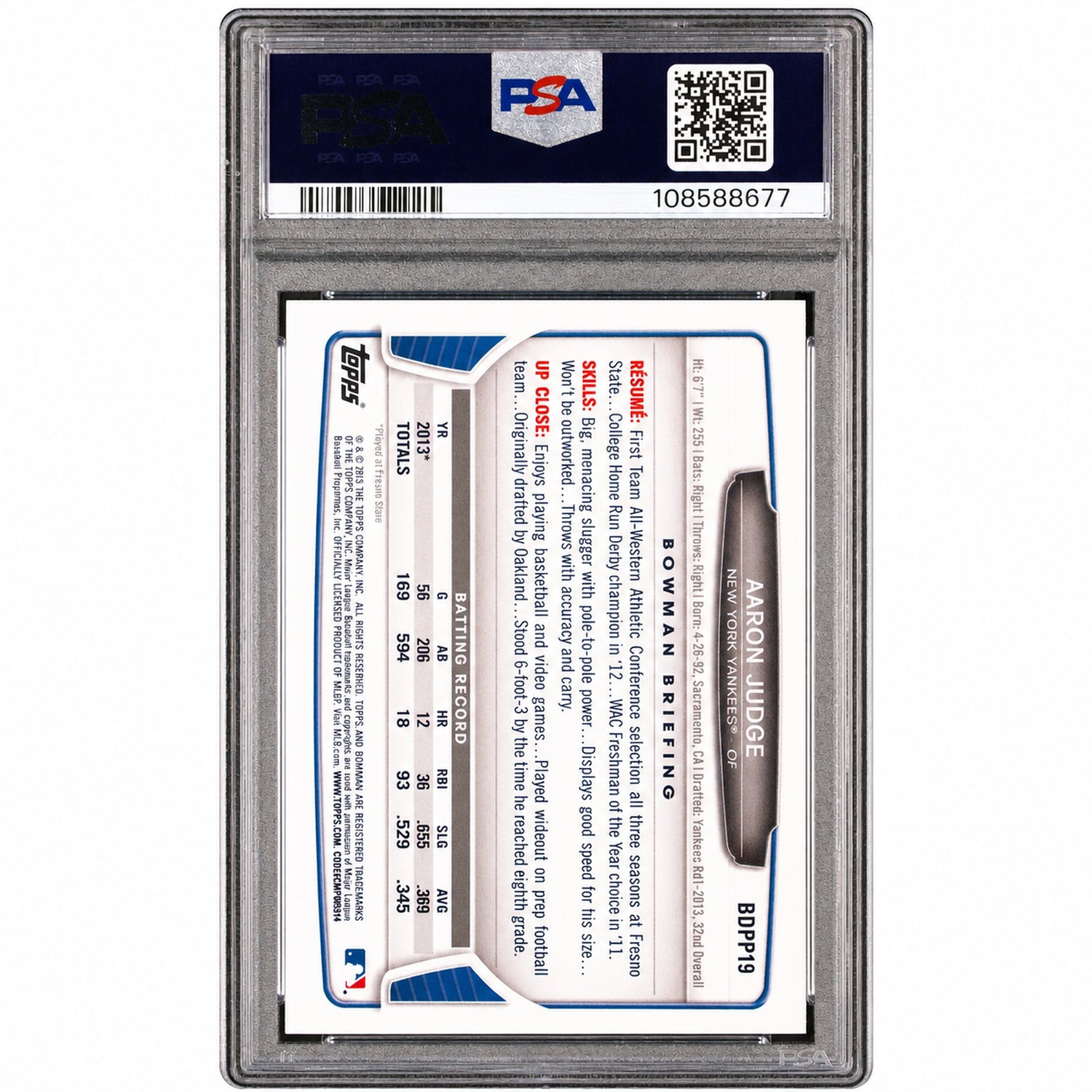 2013 Bowman Draft Picks and Prospects Aaron Judge #BDPP19 PSA 9
