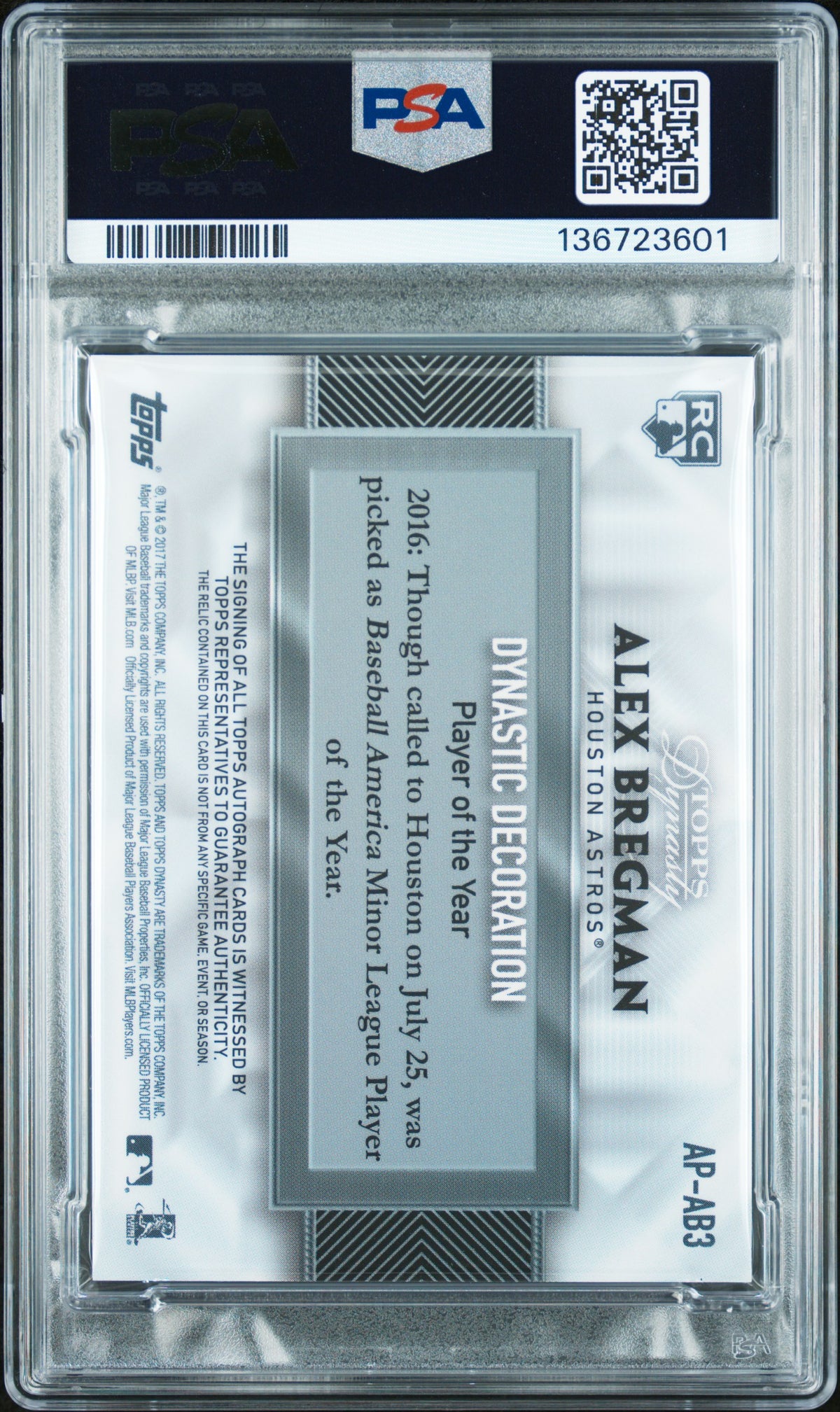 2017 Topps Dynasty Autograph Patch Gold Alex Bregman #AB3 1/1 PSA 10