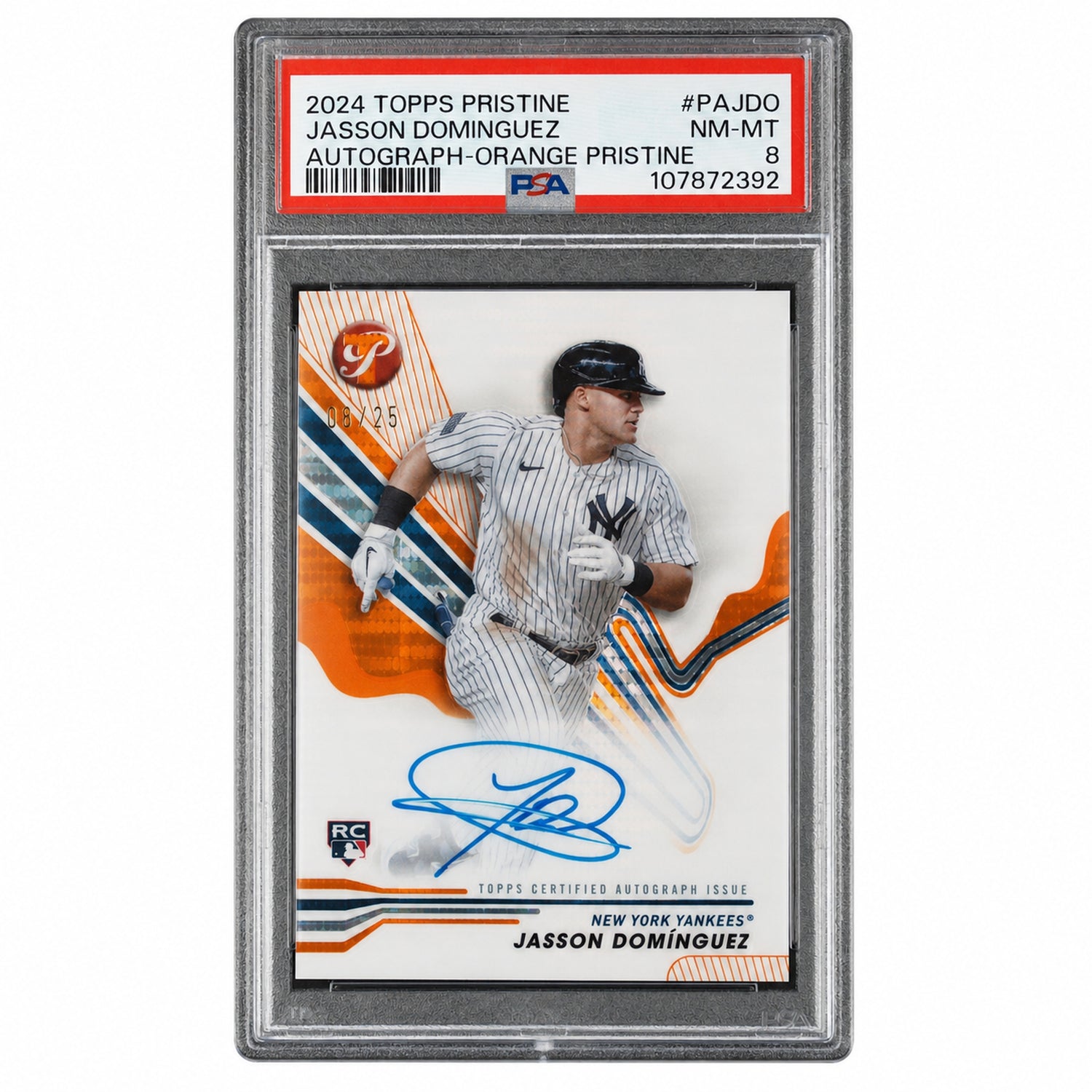 2024 Topps Pristine Pristine Autographs Autograph-Orange Pristine Jasson Dominguez #PAJDO /25 PSA 8