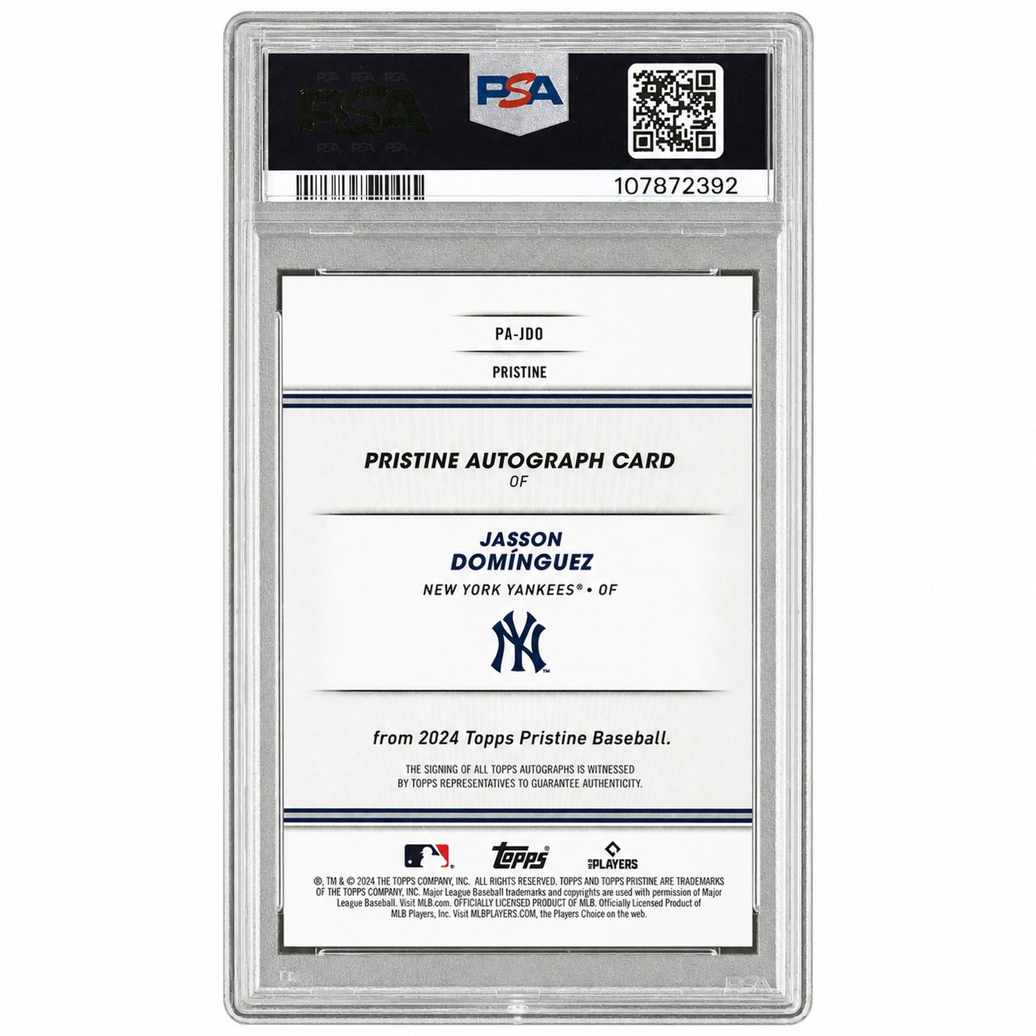 2024 Topps Pristine Pristine Autographs Autograph-Orange Pristine Jasson Dominguez #PAJDO /25 PSA 8