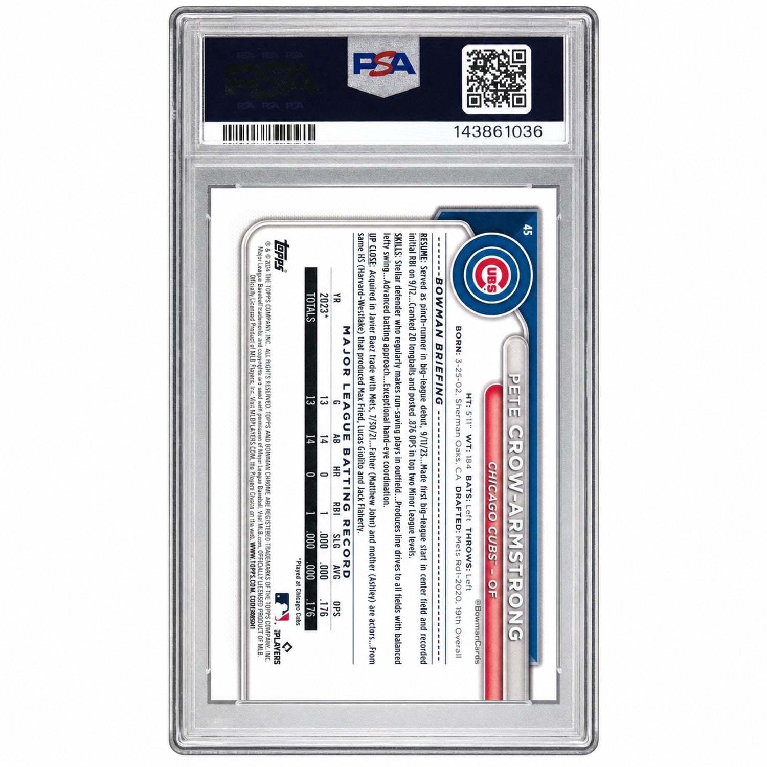 2024 Bowman Chrome Sapphire Gold Pete Crow-Armstrong #45 /50 PSA 9