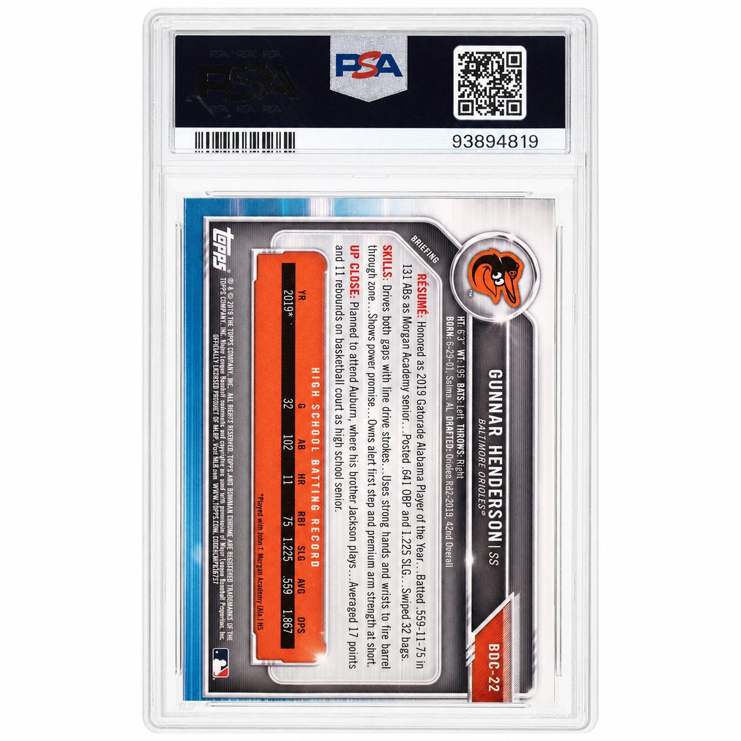 2019 Bowman Draft Chrome Gunnar Henderson #BDC22 PSA 10