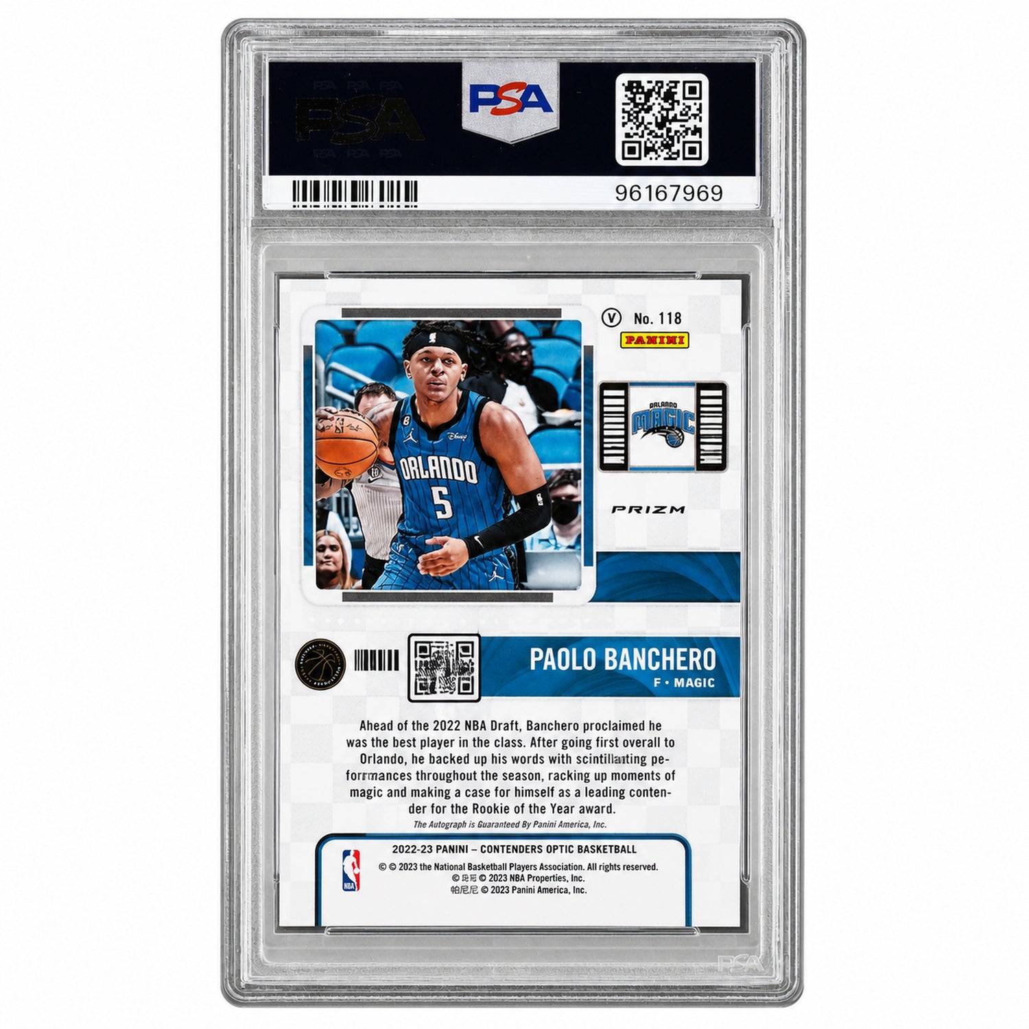 2022 Panini Contenders Optic Horizontal Variation Rookie Ticket Autograph Paolo Banchero #118 PSA 10
