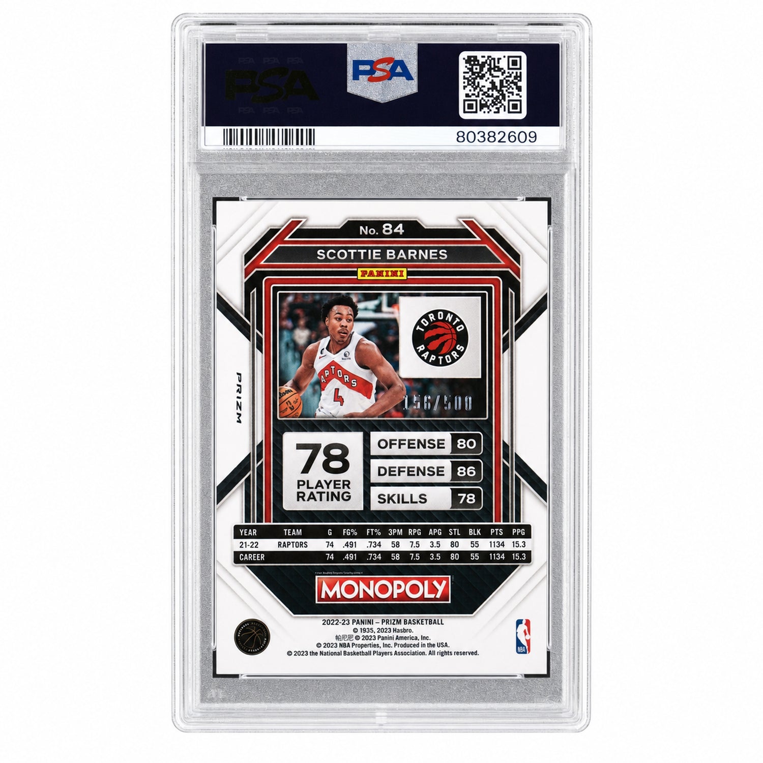 2022 Panini Prizm Monopoly Gold Money Shimmer Scottie Barnes #84 /500 PSA 10