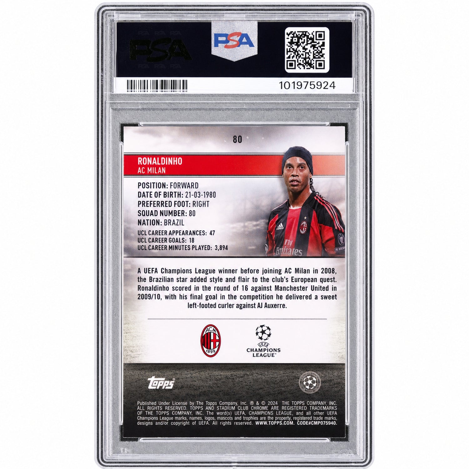 2023 Topps Stadium Club Chrome UEFA Club Competitions Neon Green X-Fractor Ronaldinho #80 PSA 10