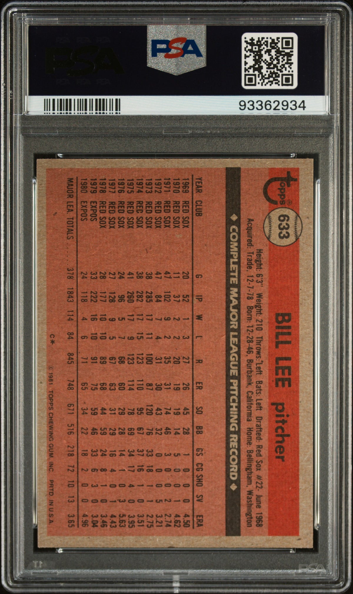 1981 Topps Bill Lee #633 PSA 8