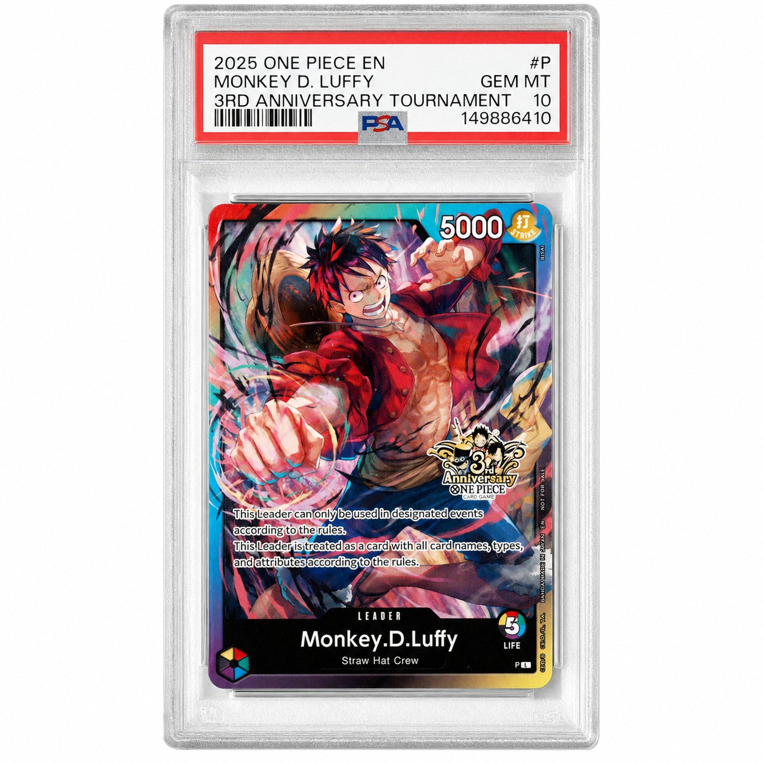 2025 One Piece Tournament Promo 3rd Anniversary Tournament Monkey D. Luffy #P PSA 10