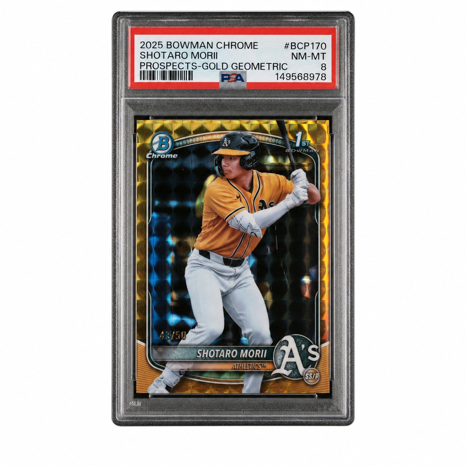 2025 Chrome Prospects Gold Geometric Refractors Shotaro Morii #BCP170 /50 PSA 8