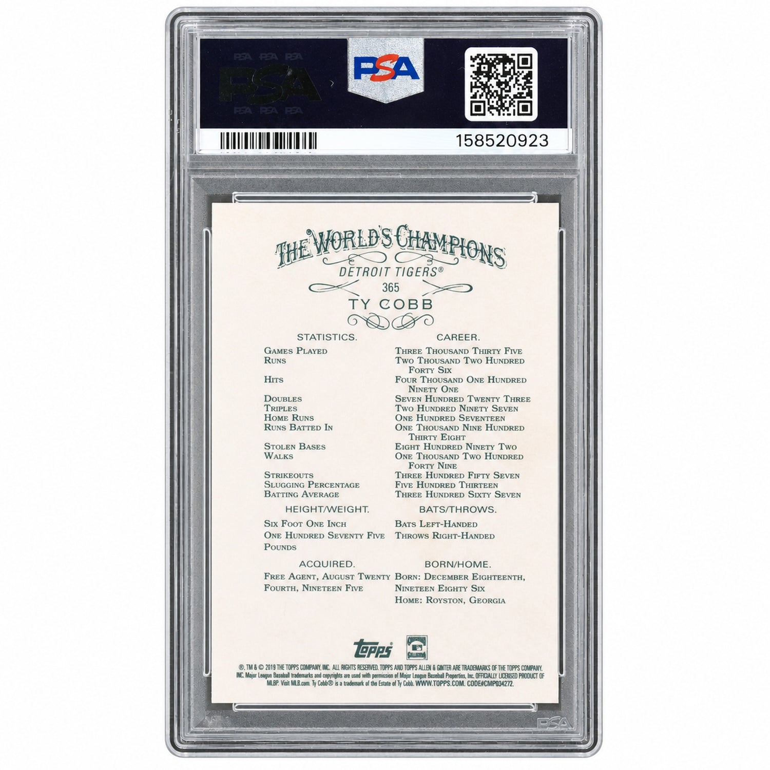 2019 Topps Allen and Ginter Ty Cobb #365 PSA 10