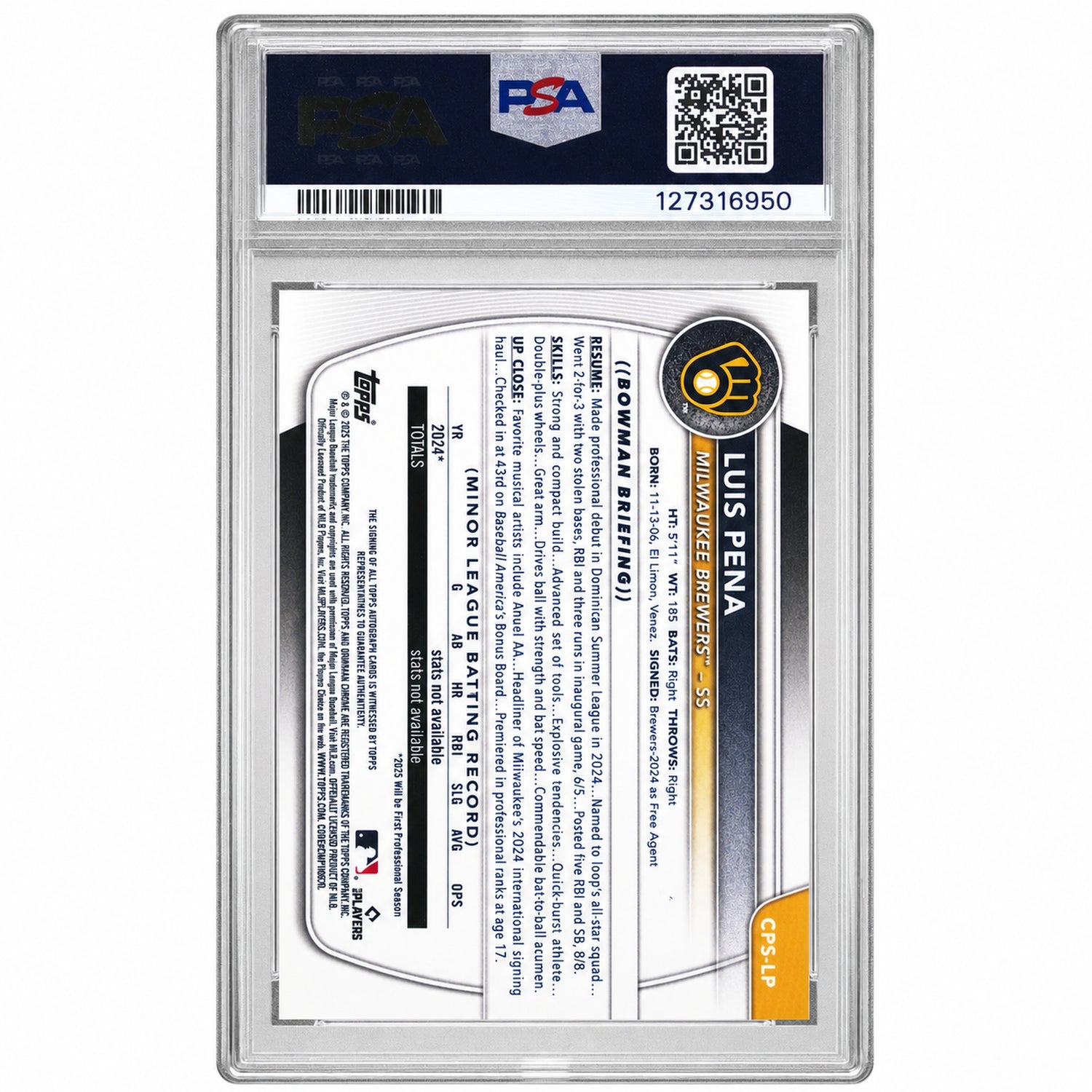 2025 Chrome Sapphire Prospect Autographs Luis Pena #CPSLP /199 PSA 10