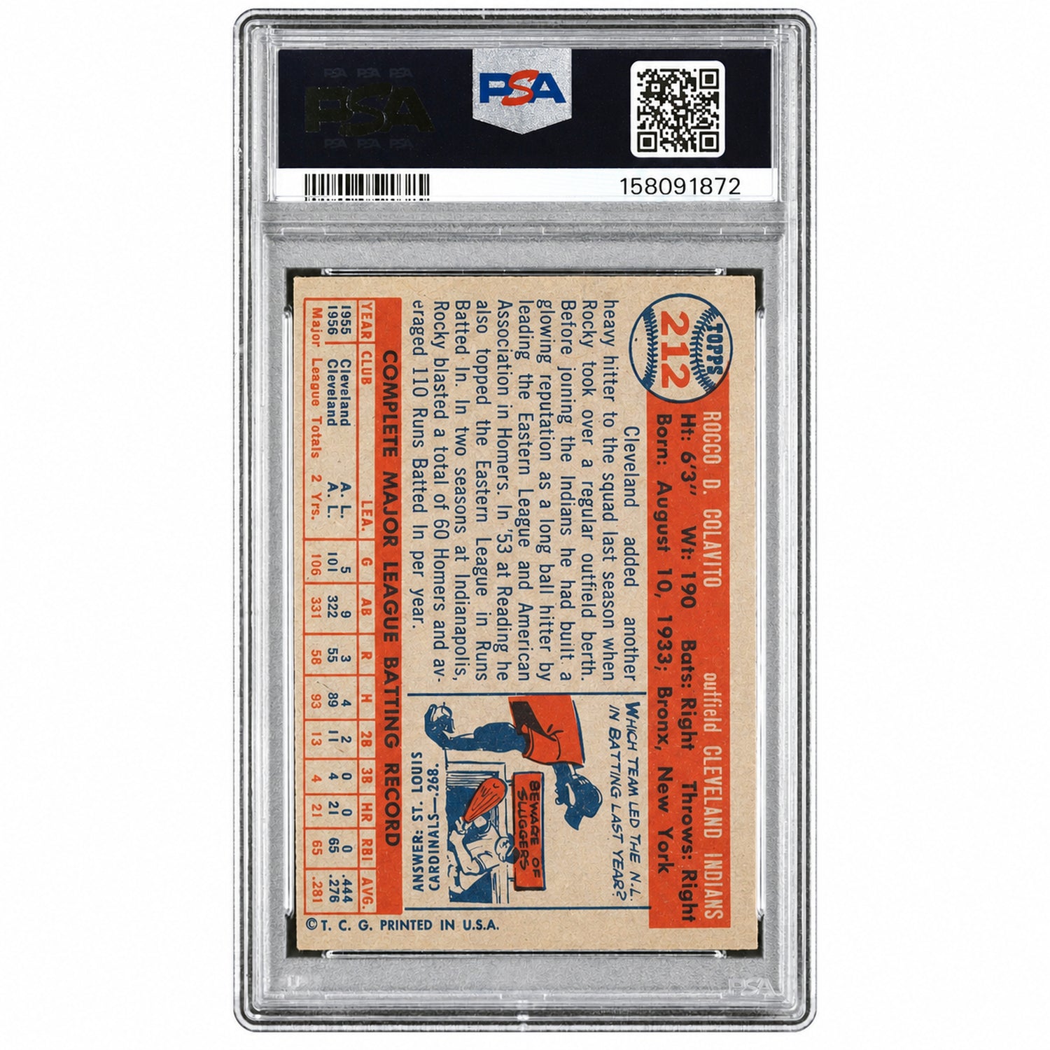 1957 Topps Rocky Colavito #212 PSA 5