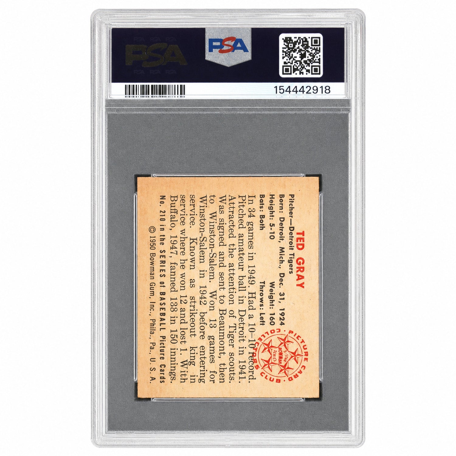 1950 Bowman Ted Gray #210 PSA 6