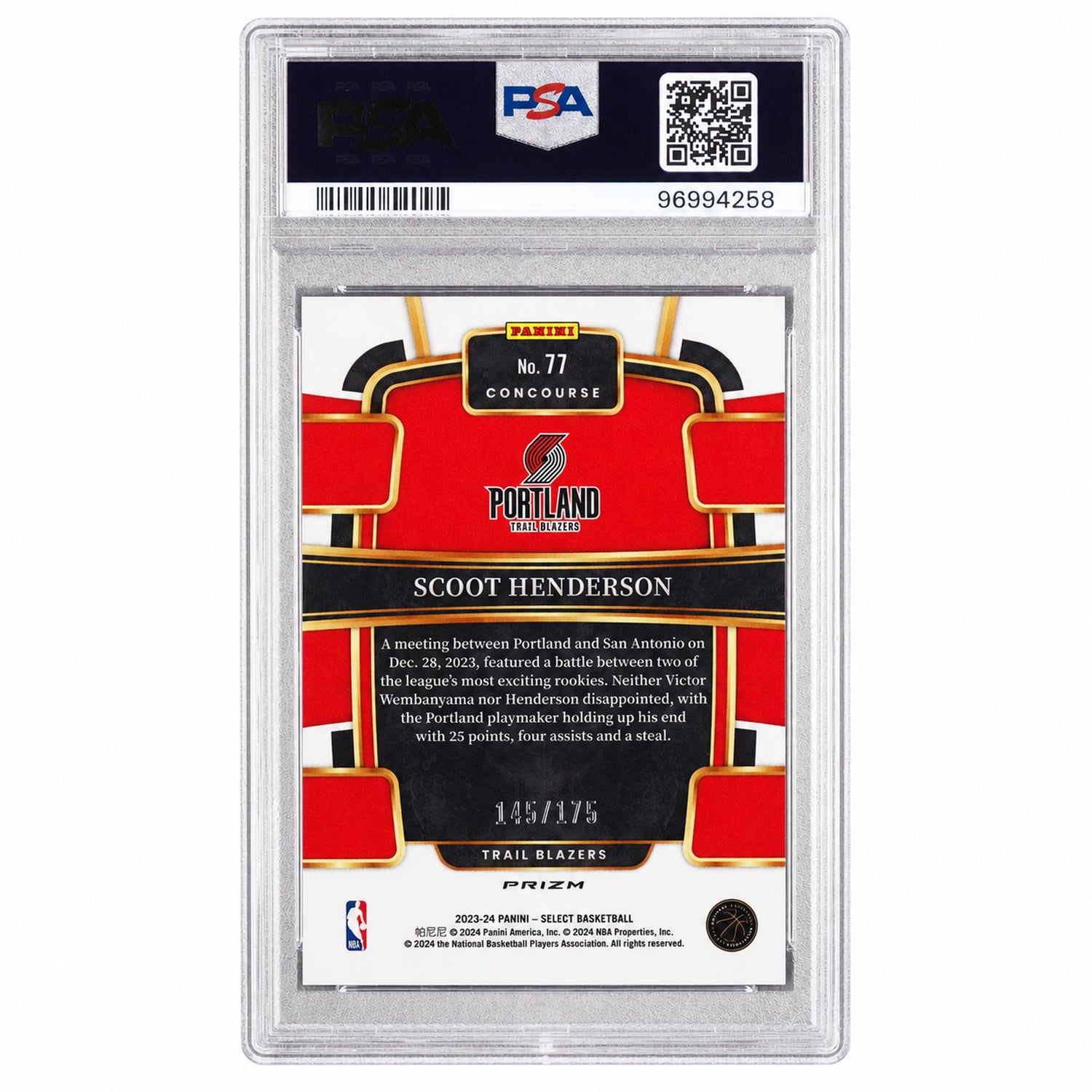 2023 Panini Select Purple Flash Scoot Henderson #77 /175 PSA 10