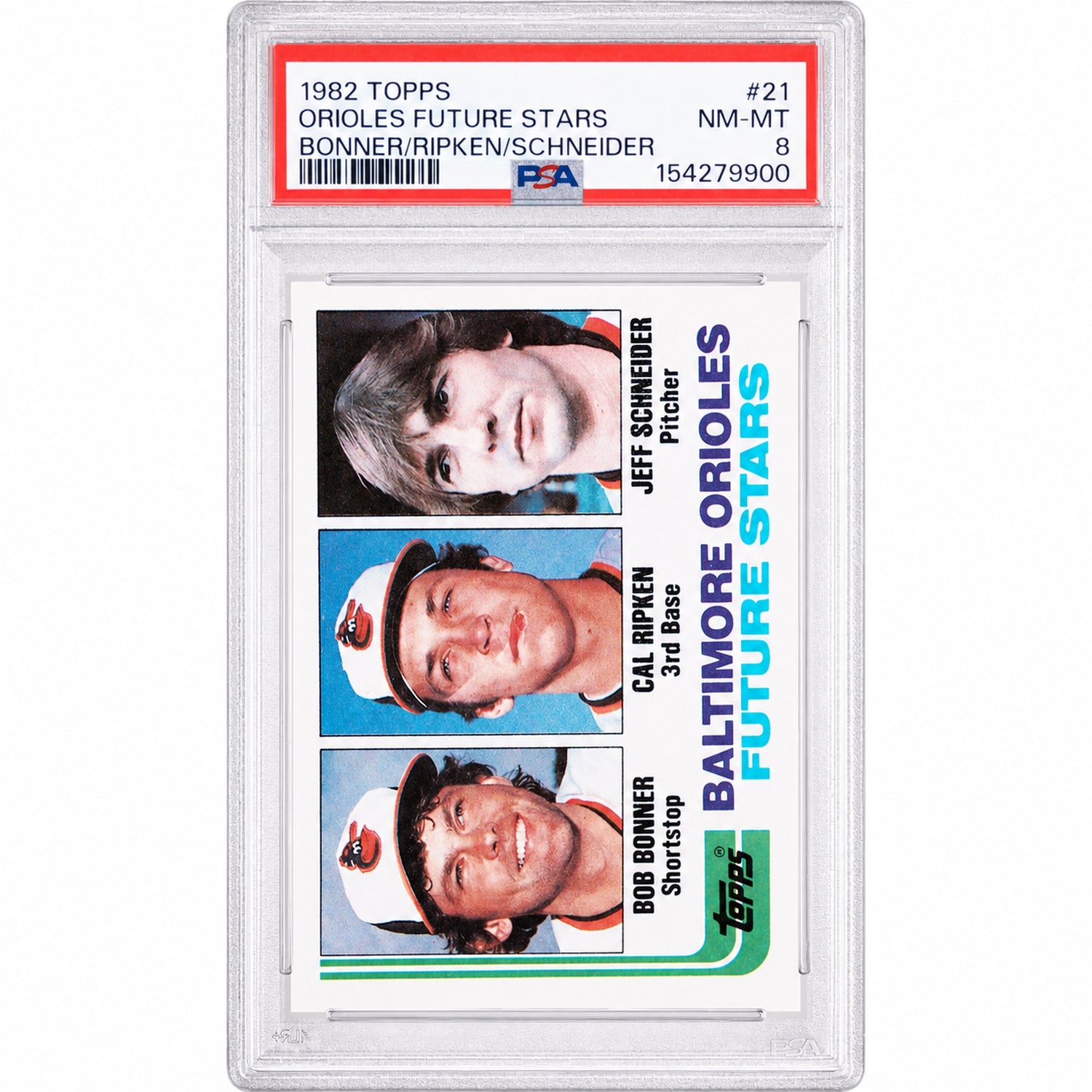1982 Topps Orioles Future Stars Bob Bonner/Cal Ripken Jr./Jeff Schneider #21 PSA 8