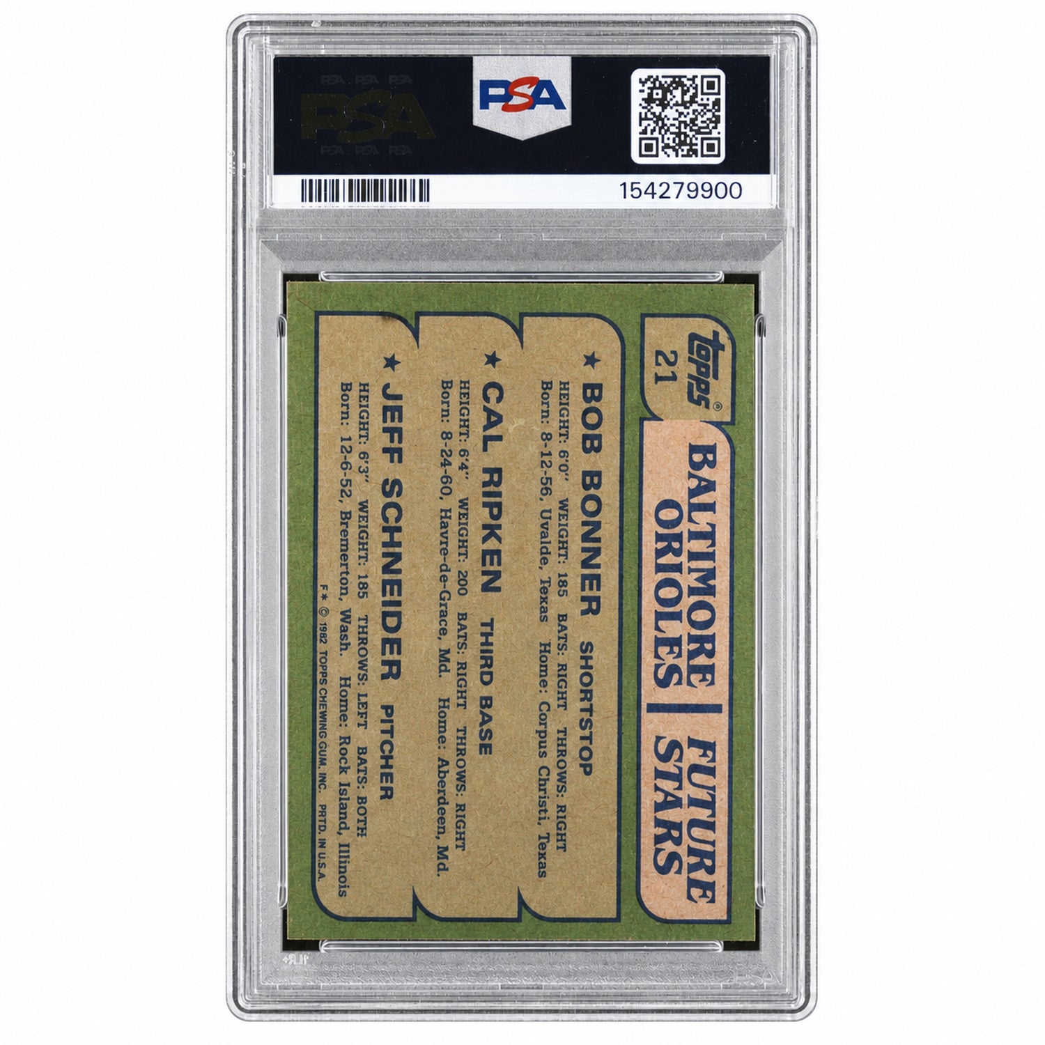 1982 Topps Orioles Future Stars Bob Bonner/Cal Ripken Jr./Jeff Schneider #21 PSA 8