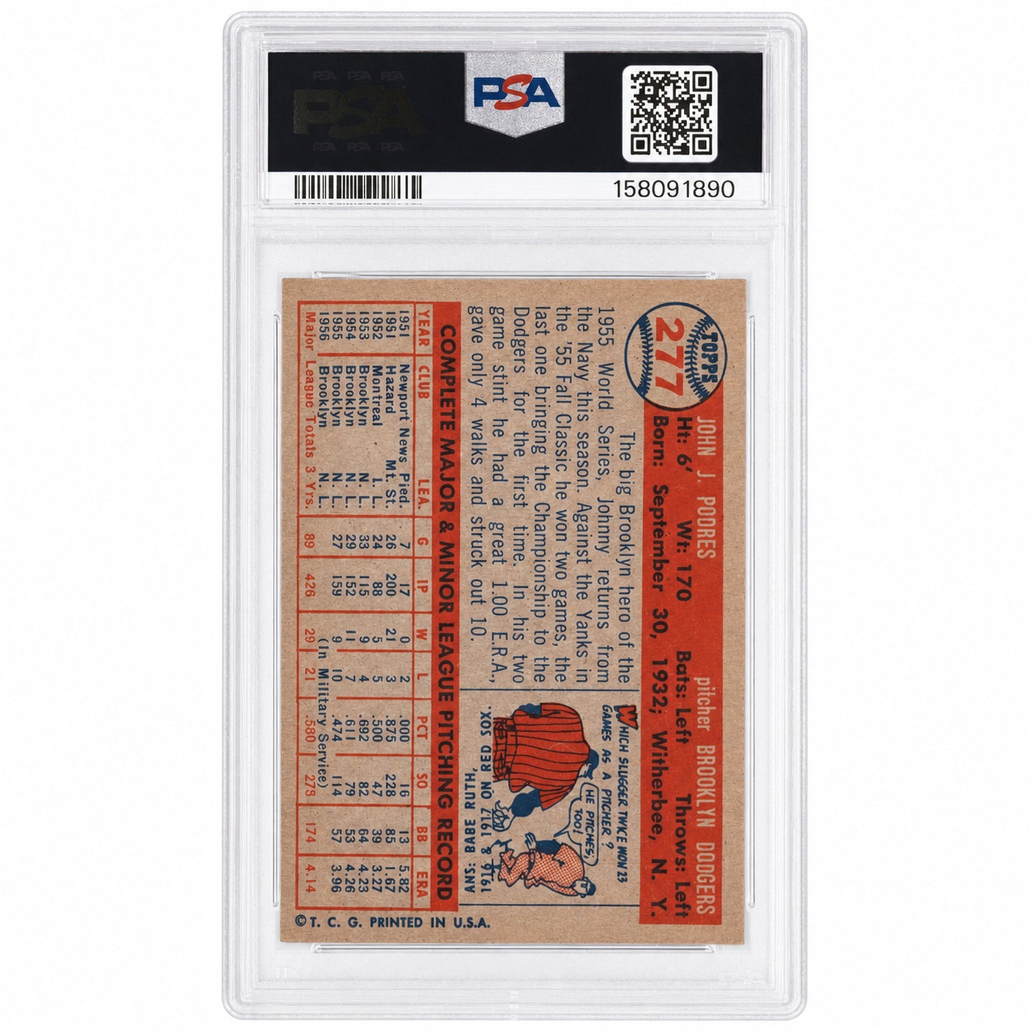 1957 Topps Johnny Podres #277 PSA 5