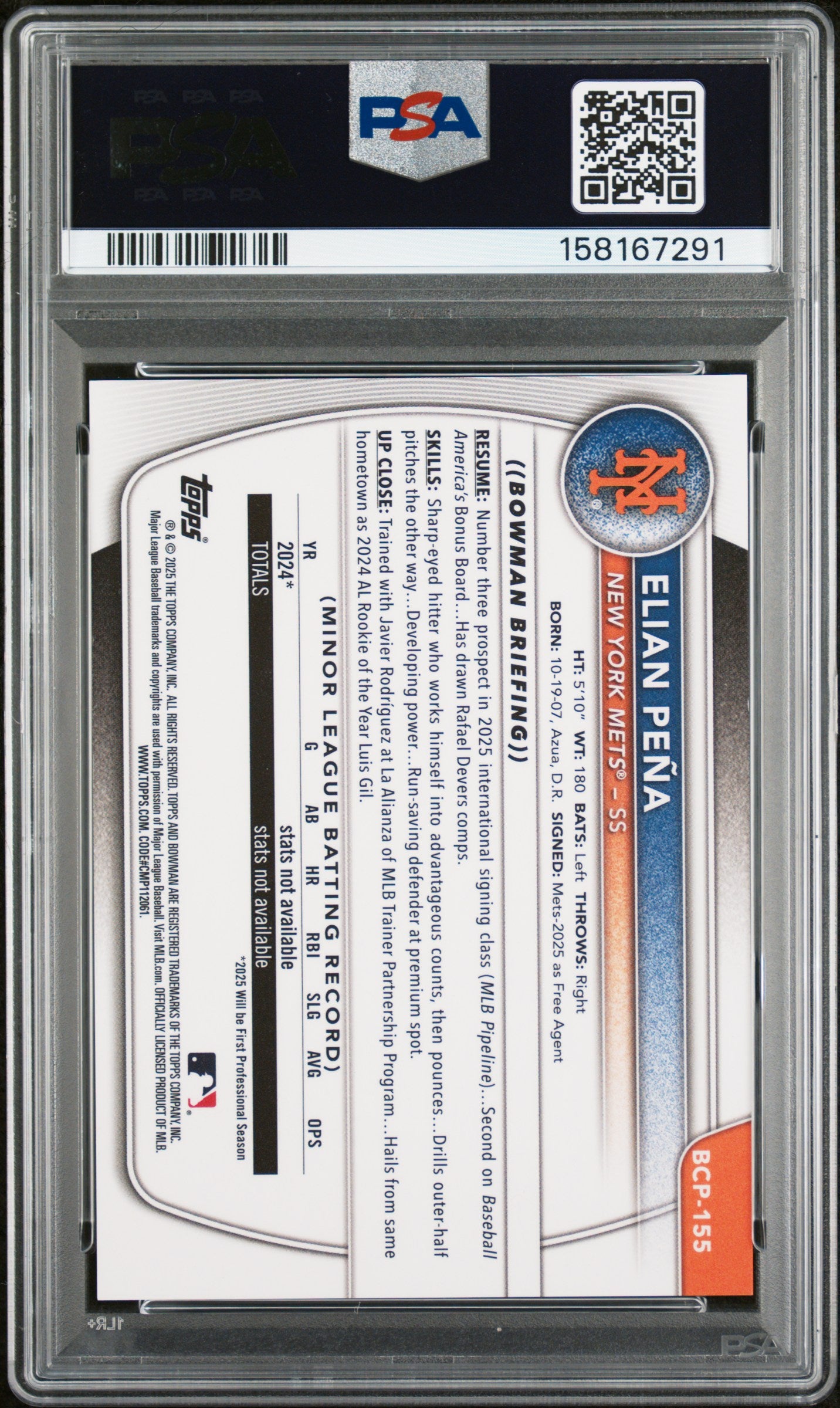 2025 Chrome Prospects Gold Refractors Elian Pena #BCP155 /50 PSA 9