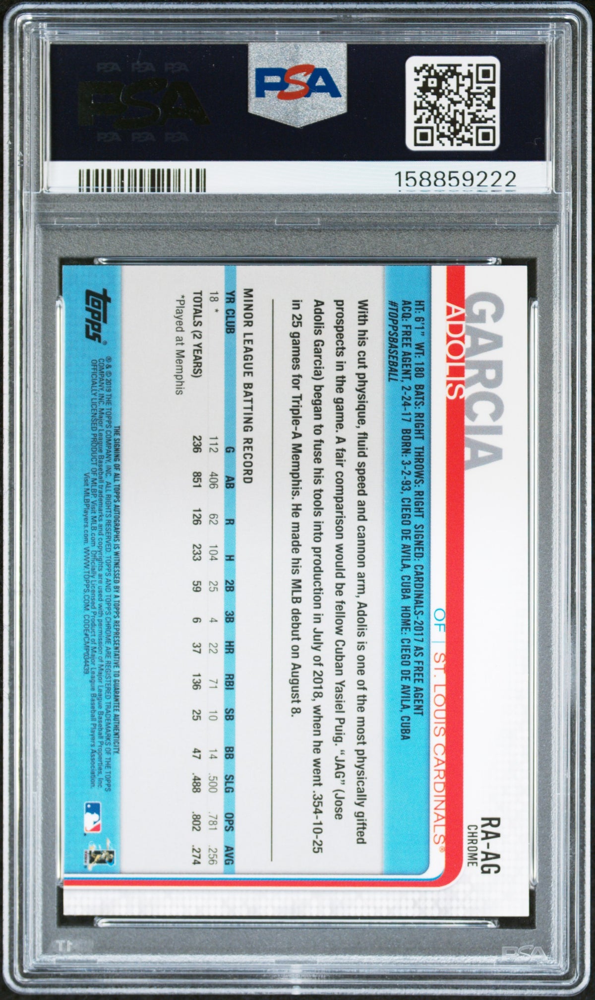 2019 Topps Chrome Rookie Autograph Jose Adolis Garcia #RAAG PSA 9