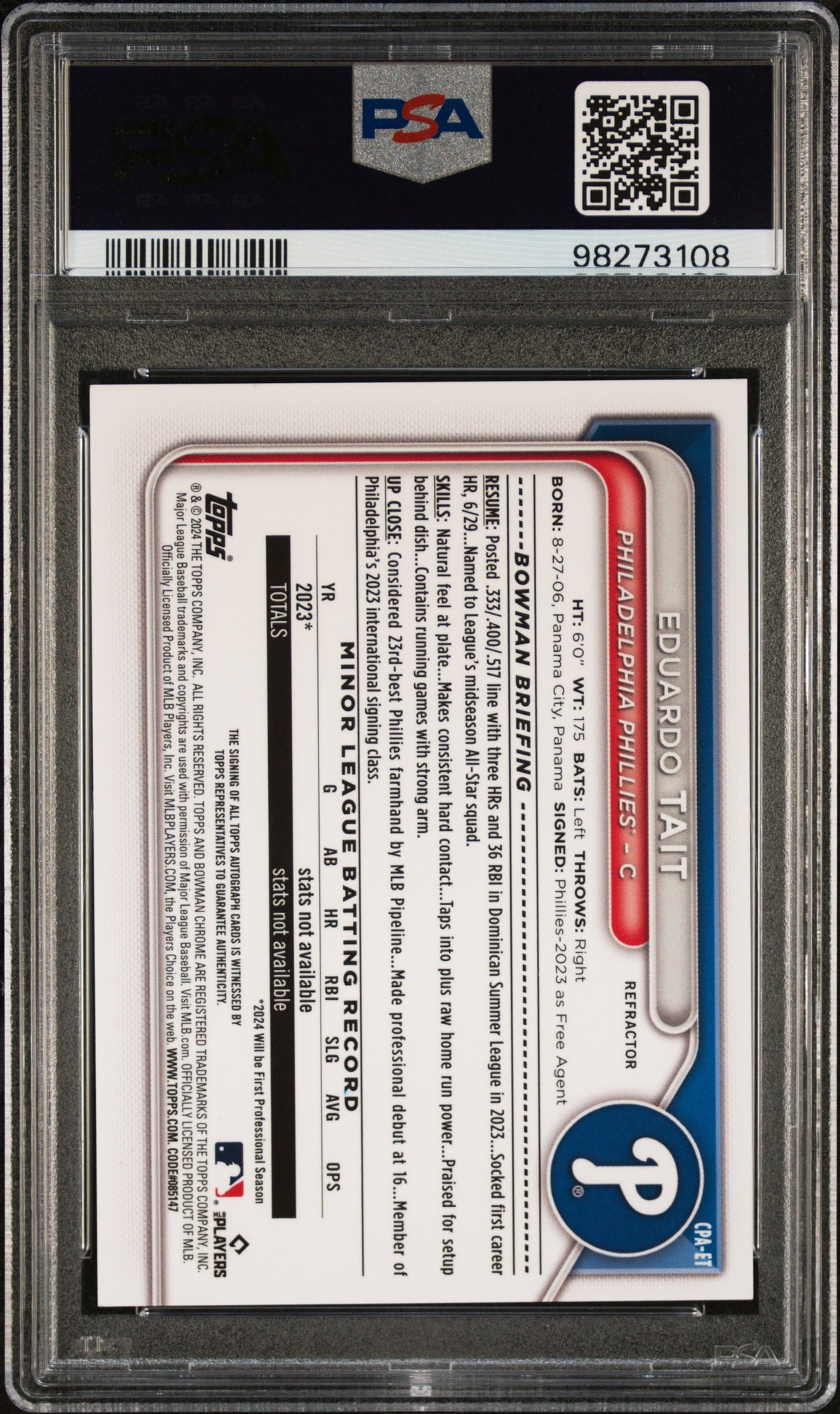 2024 Chrome Prospect Autographs Refractors Eduardo Tait #CPAET /499 PSA 9