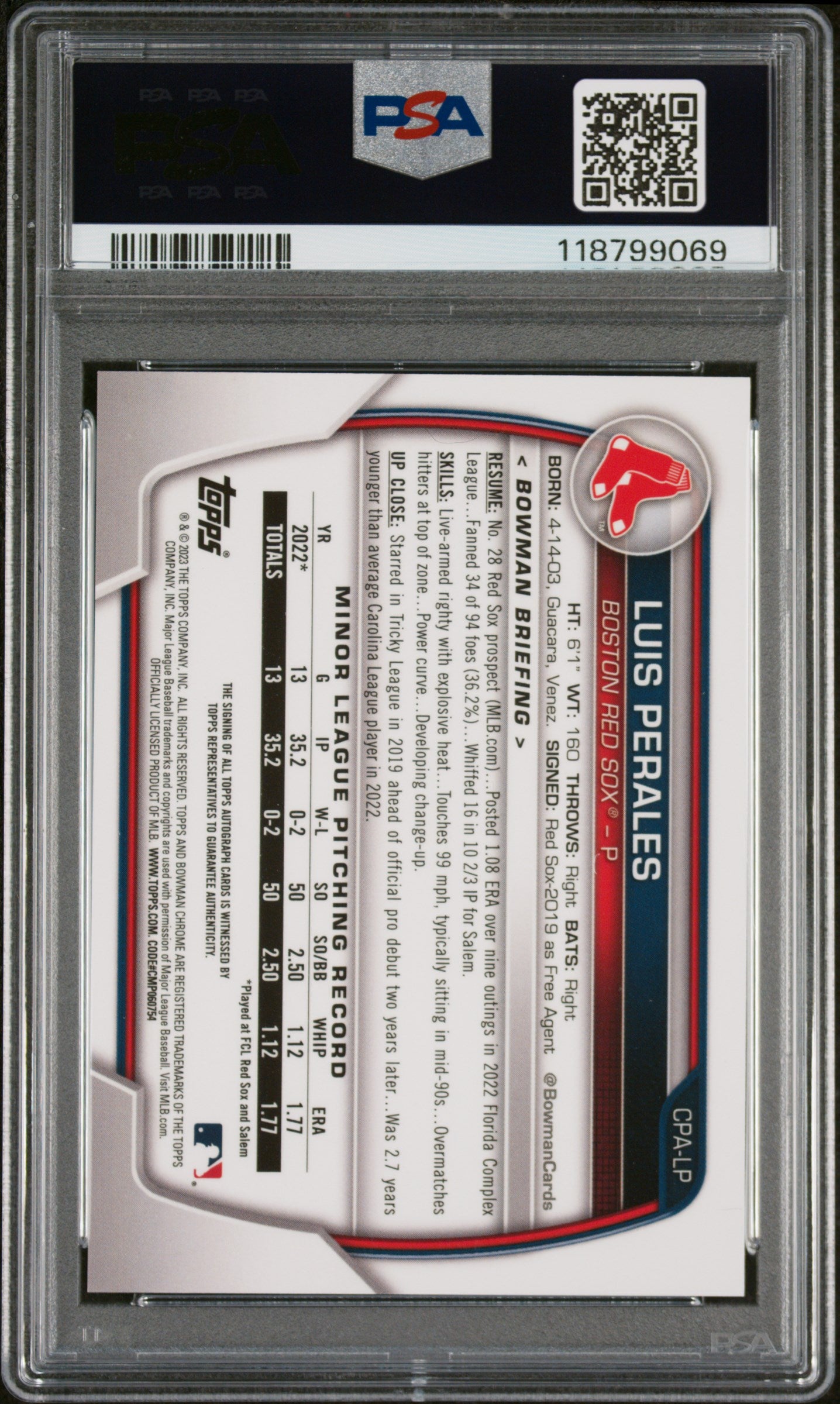 2023 Bowman Chrome Prospect Autograph Luis Perales #CPALP PSA 10