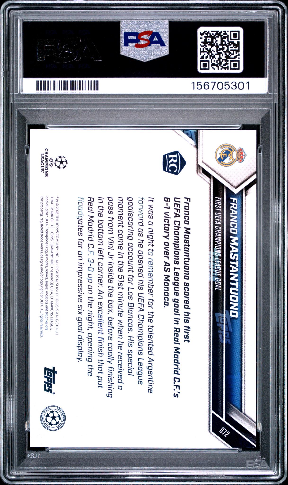 2025 Topps Now UEFA Champions League Franco Mastantuono #72 PSA 10