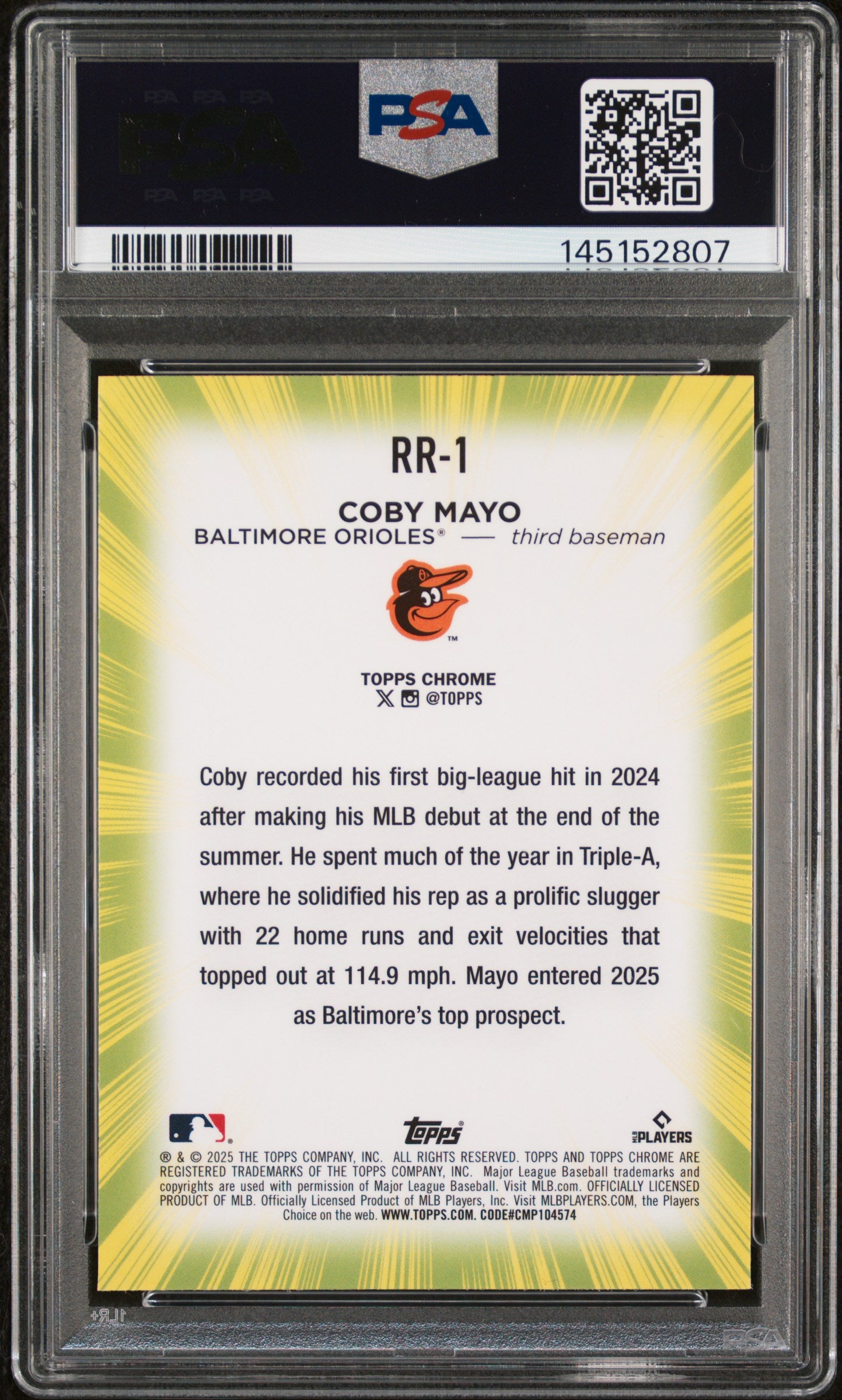 2025 Chrome Radiating Rookies Coby Mayo #RR1 PSA 9