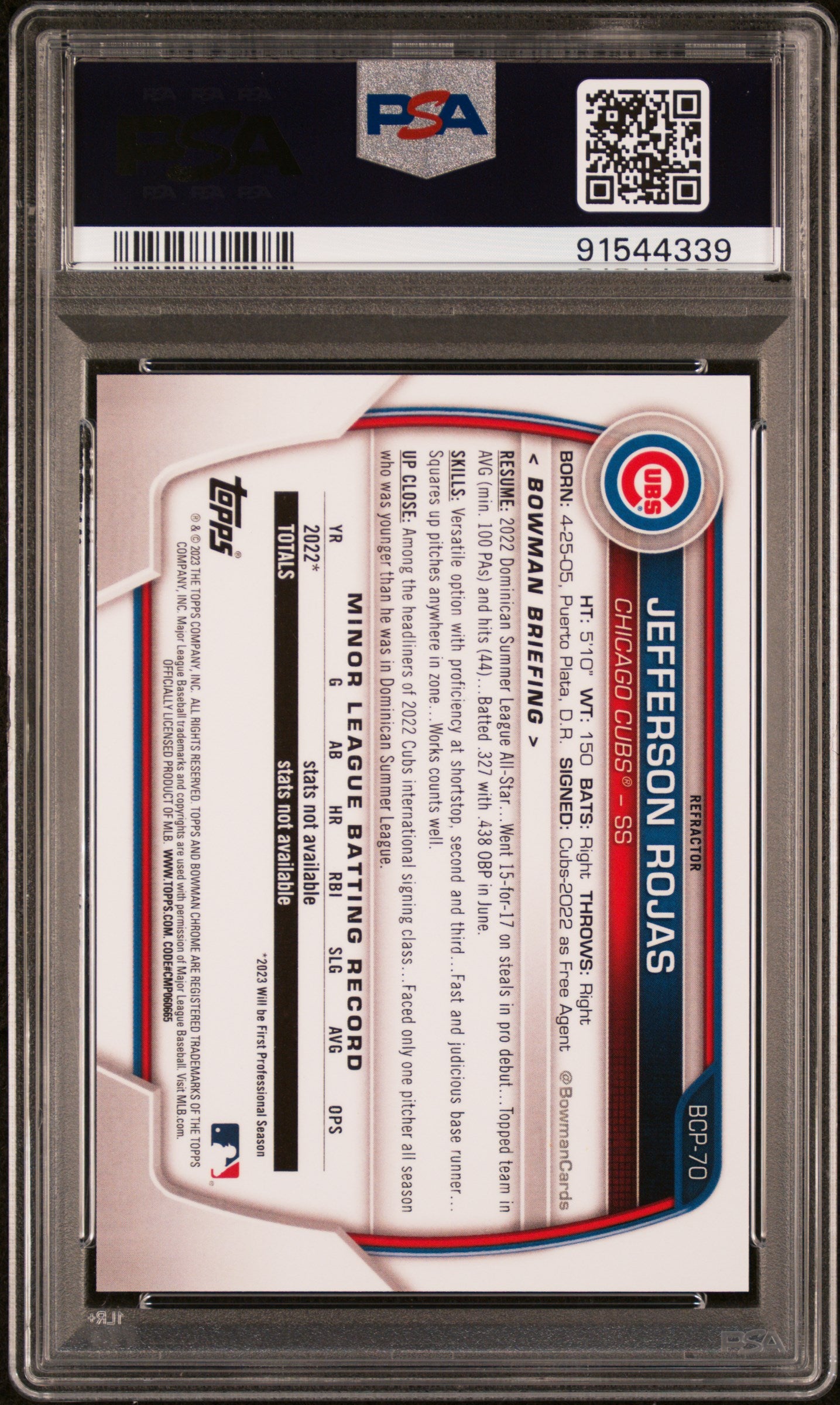 2023 Bowman Chrome Prospect Refractor Jefferson Rojas #BCP70 /499 PSA 10