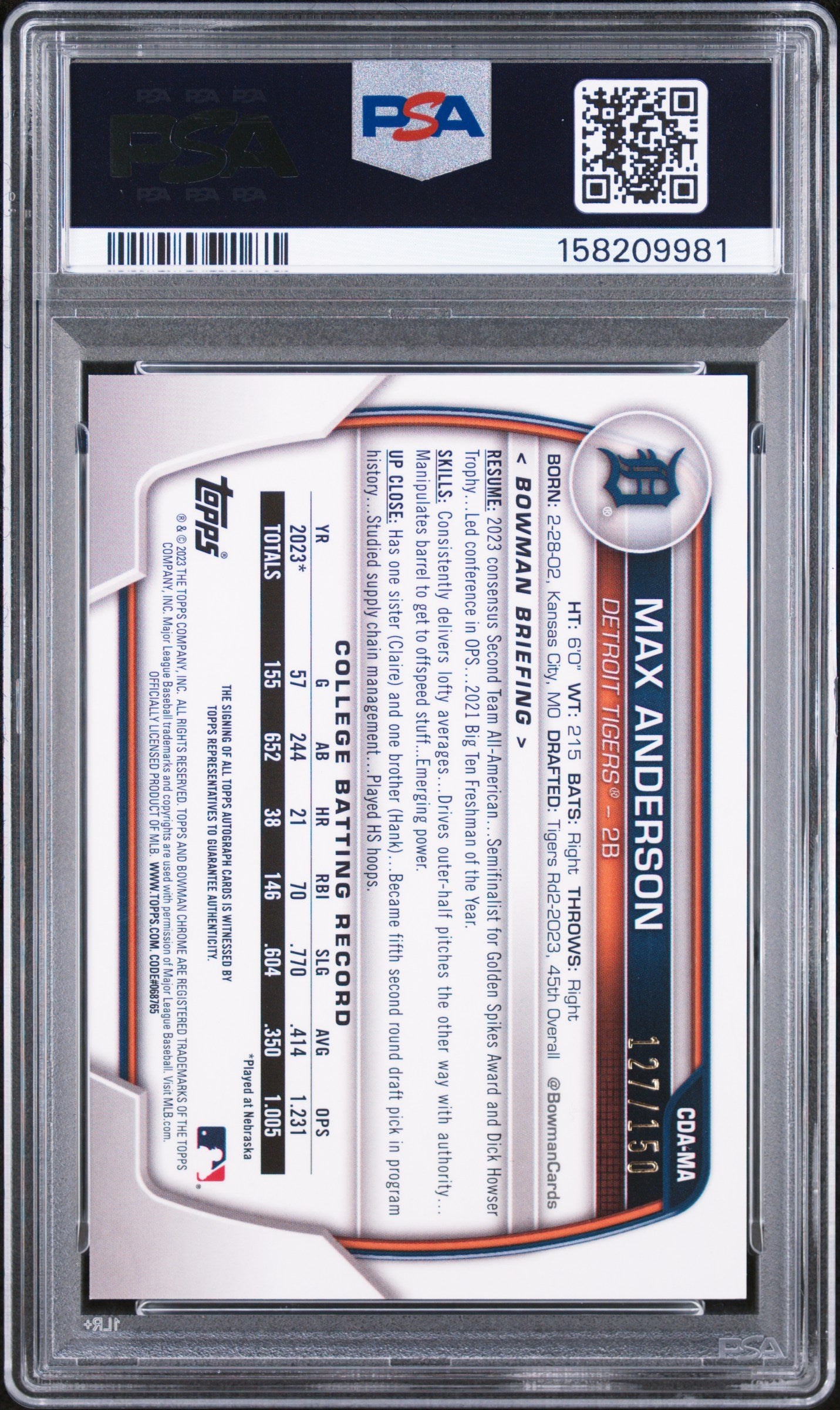 2023 Bowman Draft Chrome Prospect Autograph Hta Choice Max Anderson #CDAMA /150 PSA 9