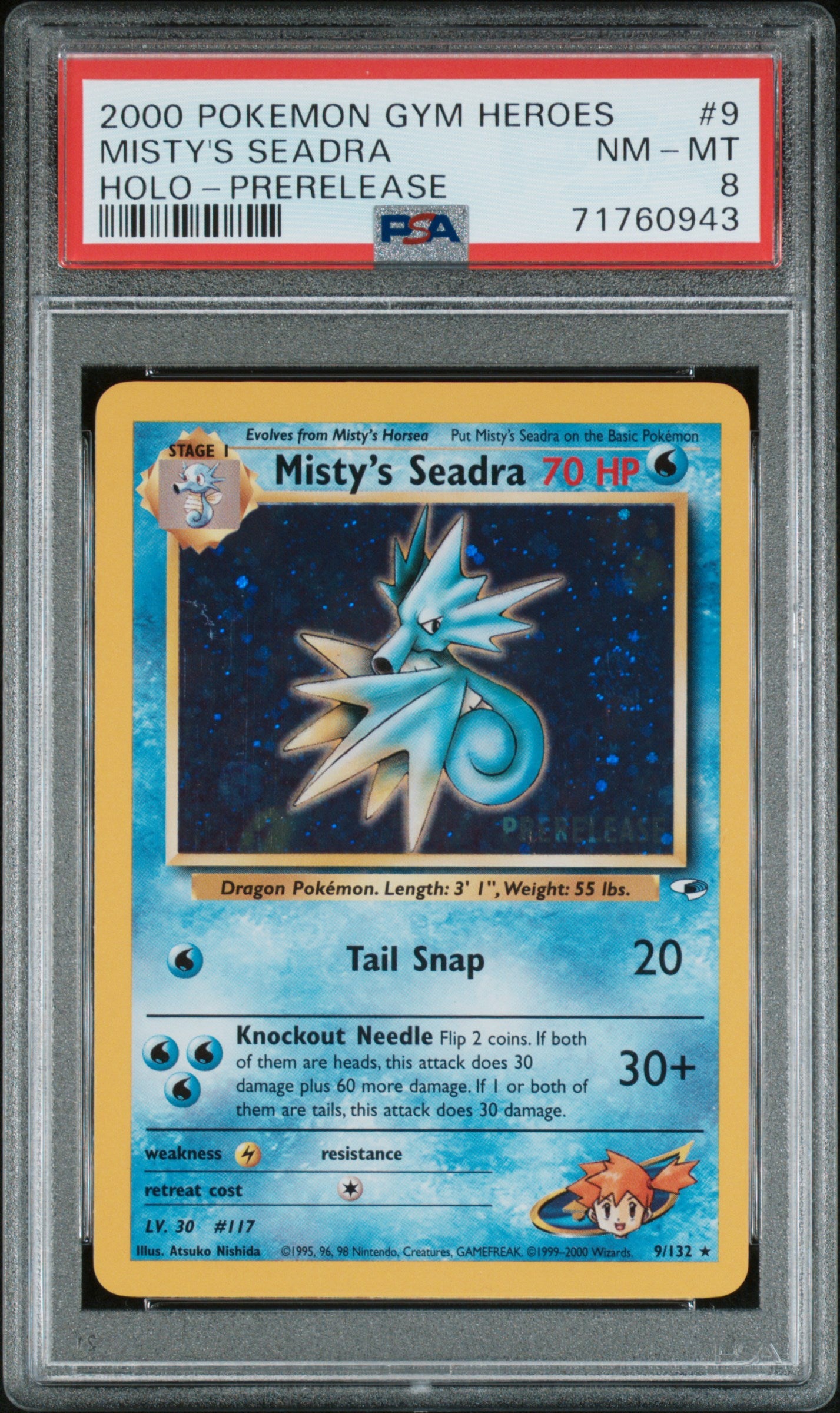 2000 Pokemon Gym Heroes Holo Prerelease Misty's Seadra #9 PSA 8