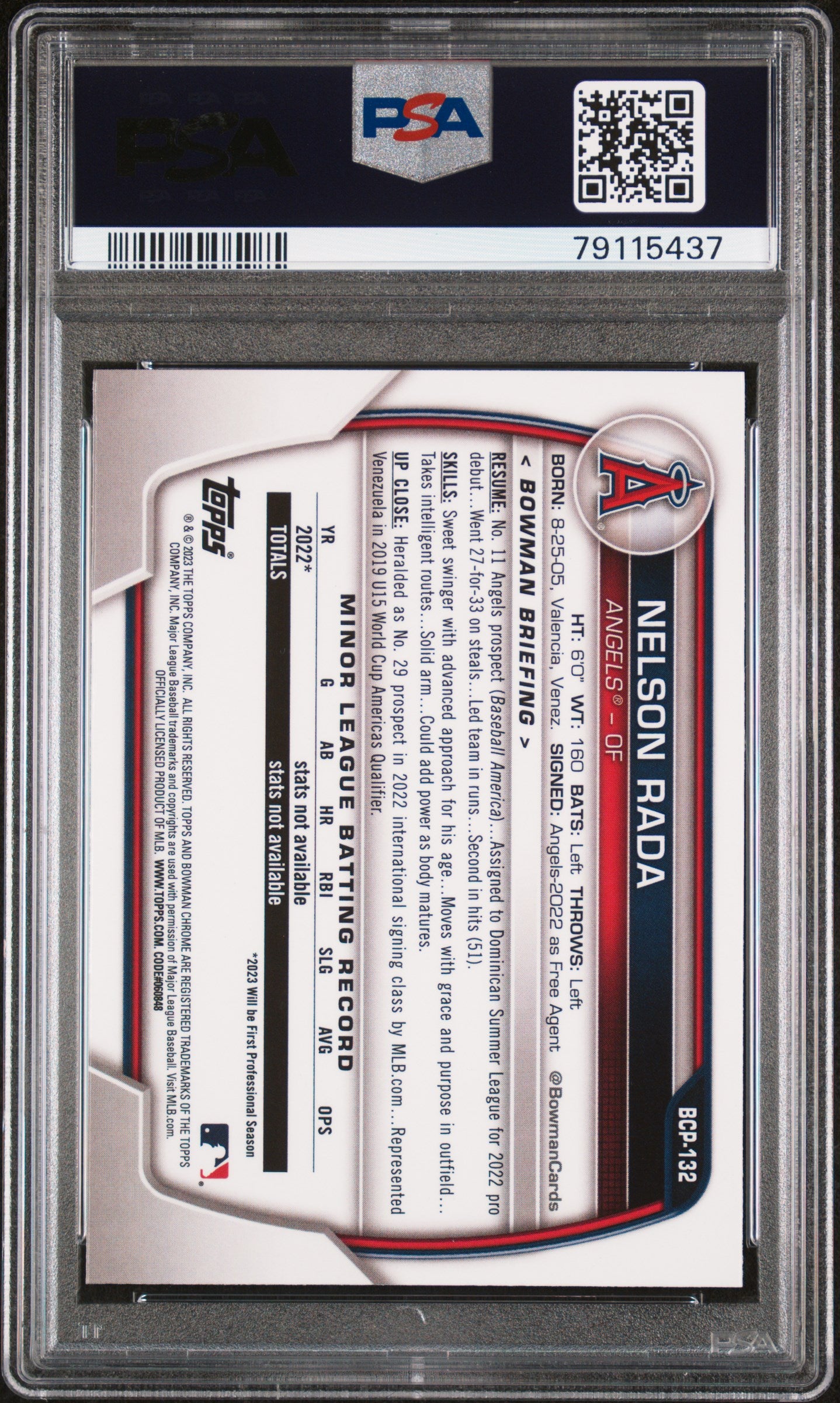 2023 Bowman Sapphire Chrome Prospect Nelson Rada #BCP132 PSA 10