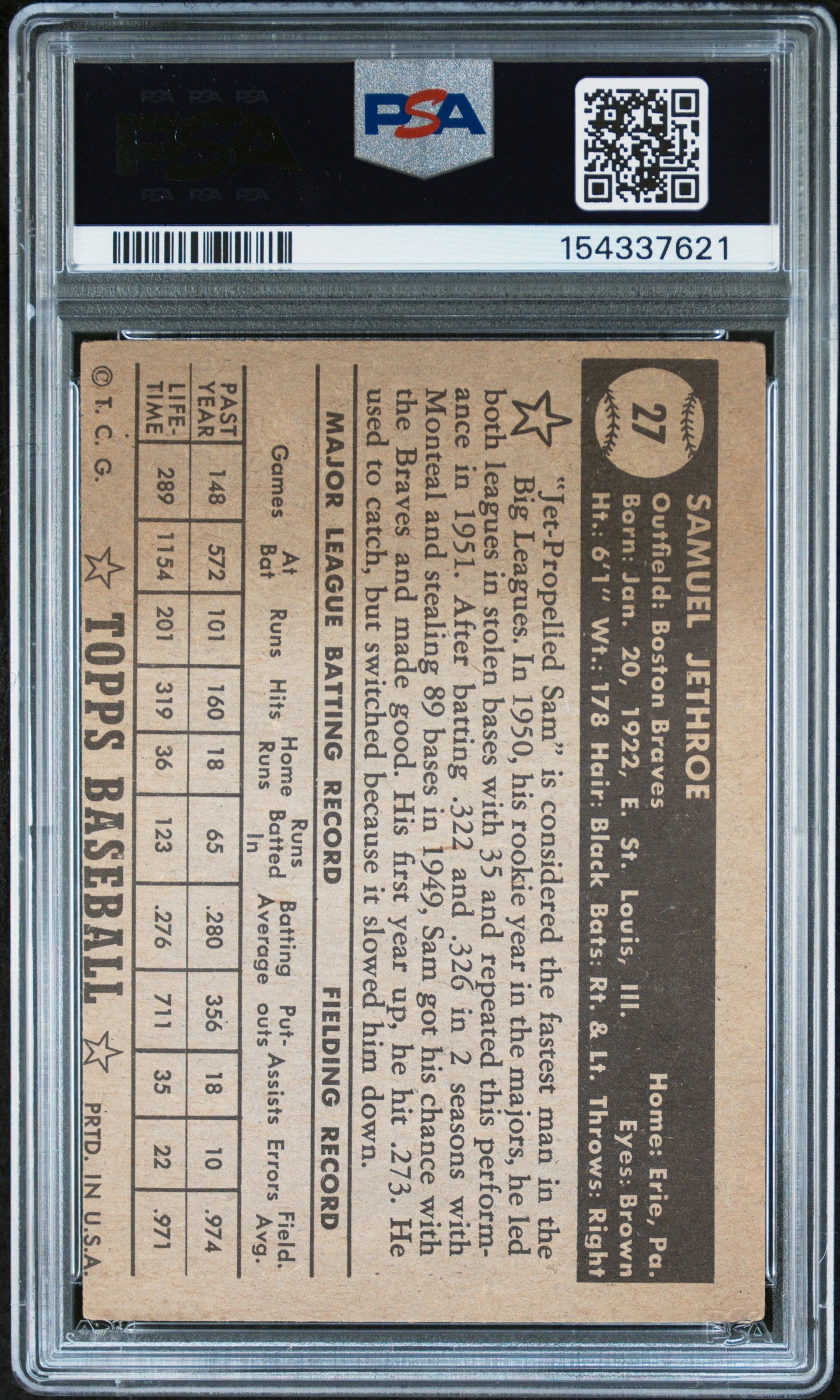 1952 Topps Black Back Sam Jethroe #27A PSA 3