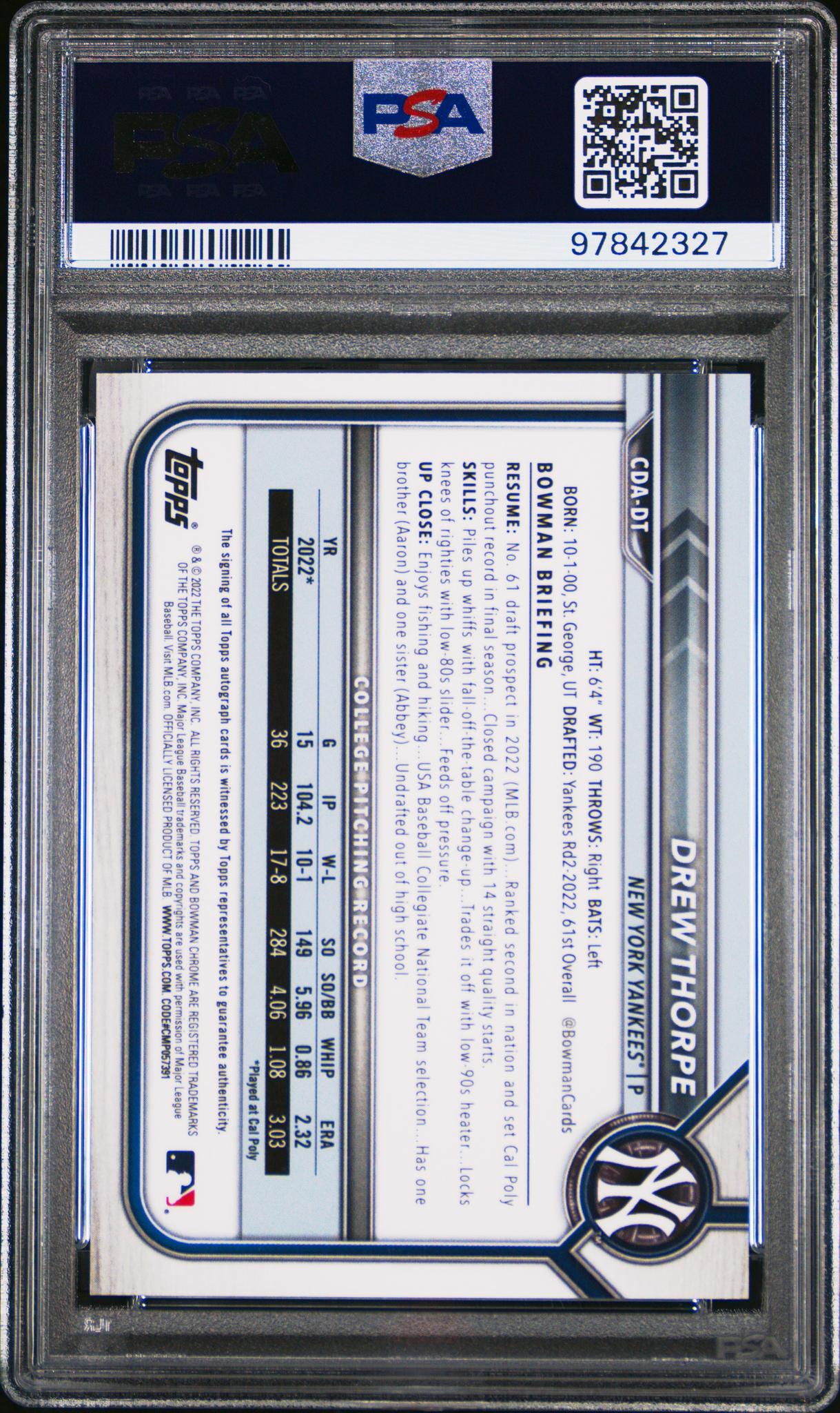 2022 Bowman Draft Chrome Autograph Blue Refractor Drew Thorpe #CDADT /150 PSA 10