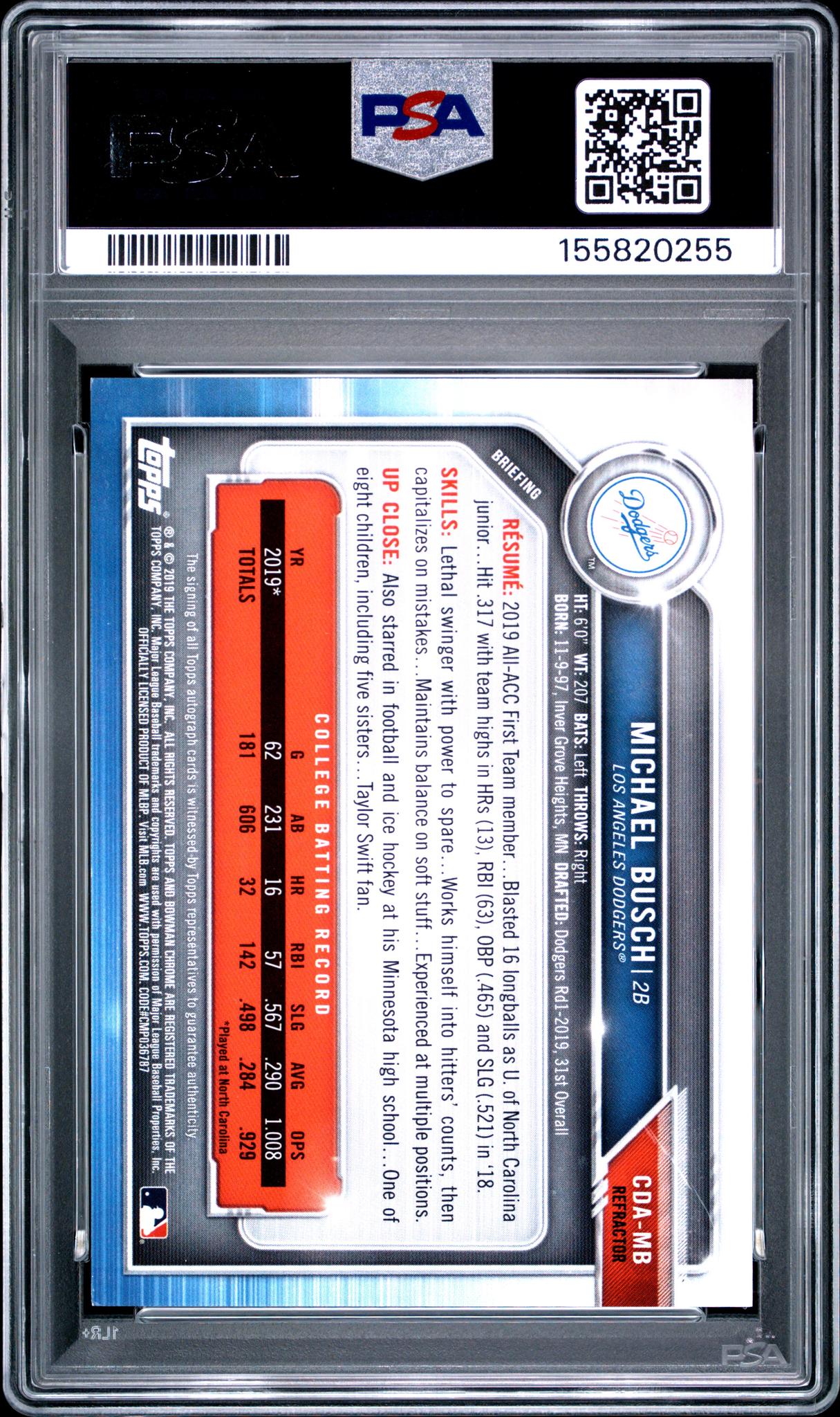 2019 Bowman Chrome Draft Autograph Refractor Michael Busch #CDAMB /499 PSA 8