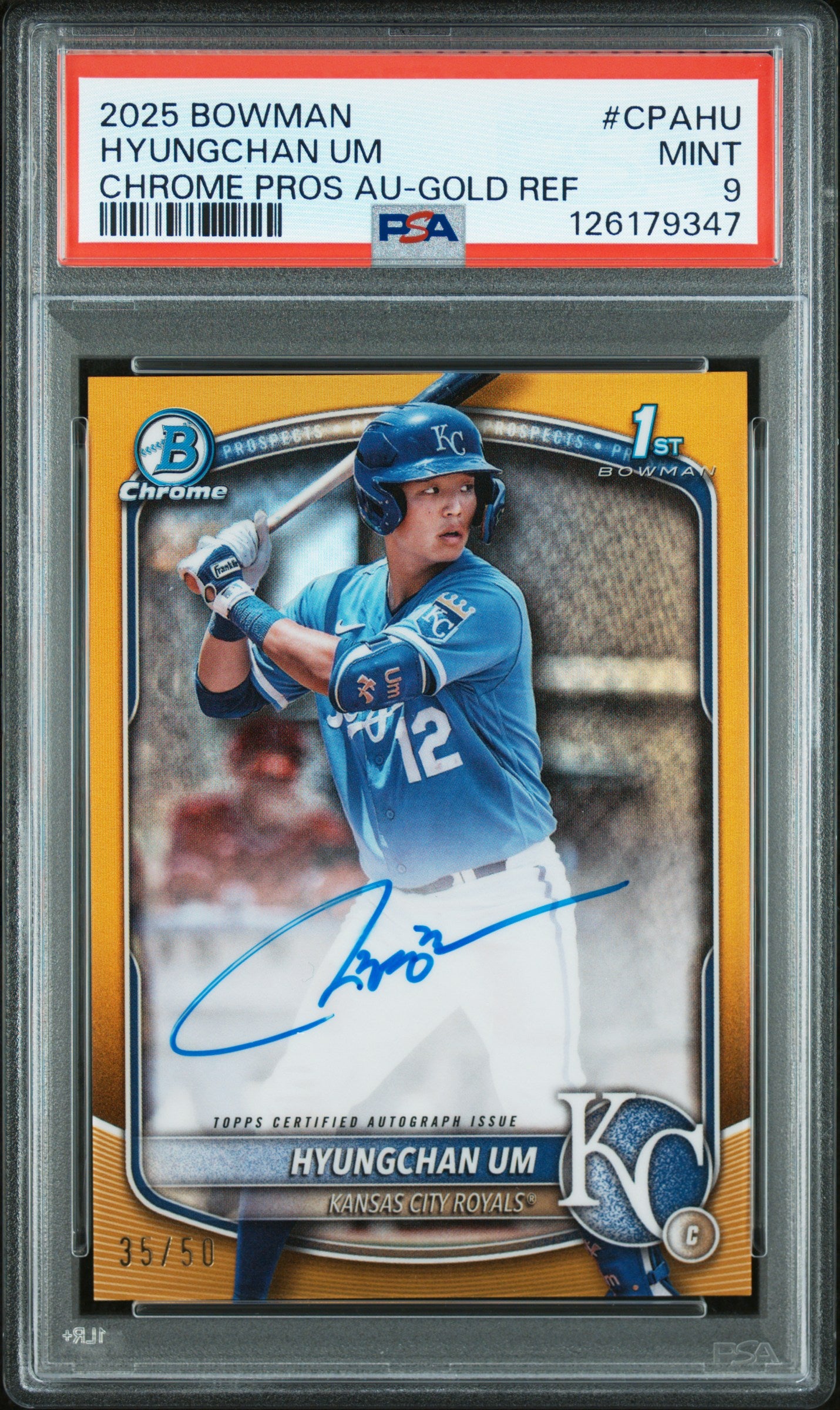 2025 Bowman Chrome Prospect Autographs Chrome Pros Au-Gold Ref Hyungchan Um #CPAHU /50 PSA 9