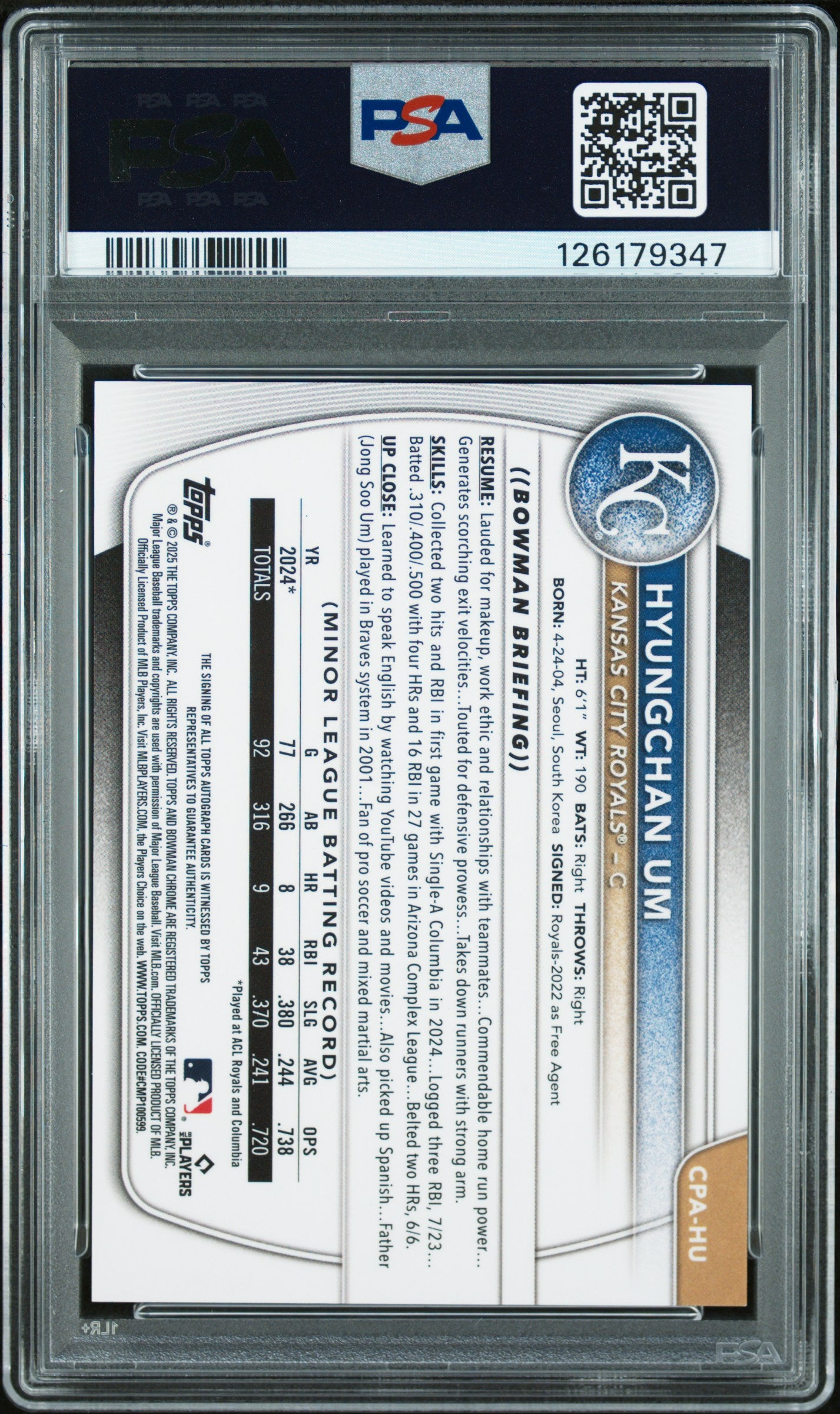 2025 Bowman Chrome Prospect Autographs Chrome Pros Au-Gold Ref Hyungchan Um #CPAHU /50 PSA 9