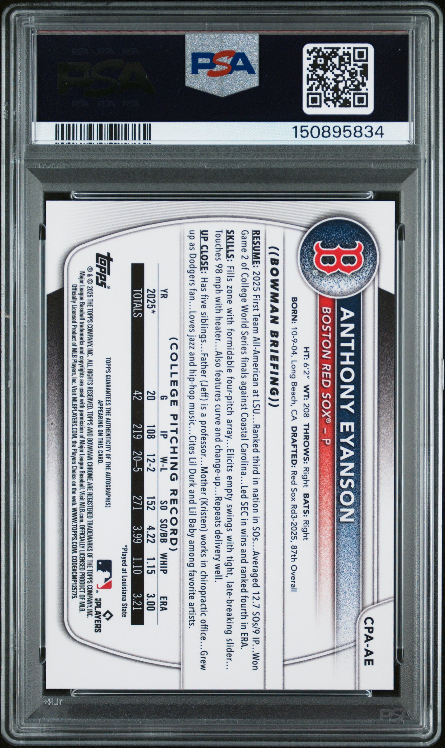 2025 Bowman Draft Chrome Prospect Autographs Hta Choice Anthony Eyanson #CPA-AE /150 PSA 10