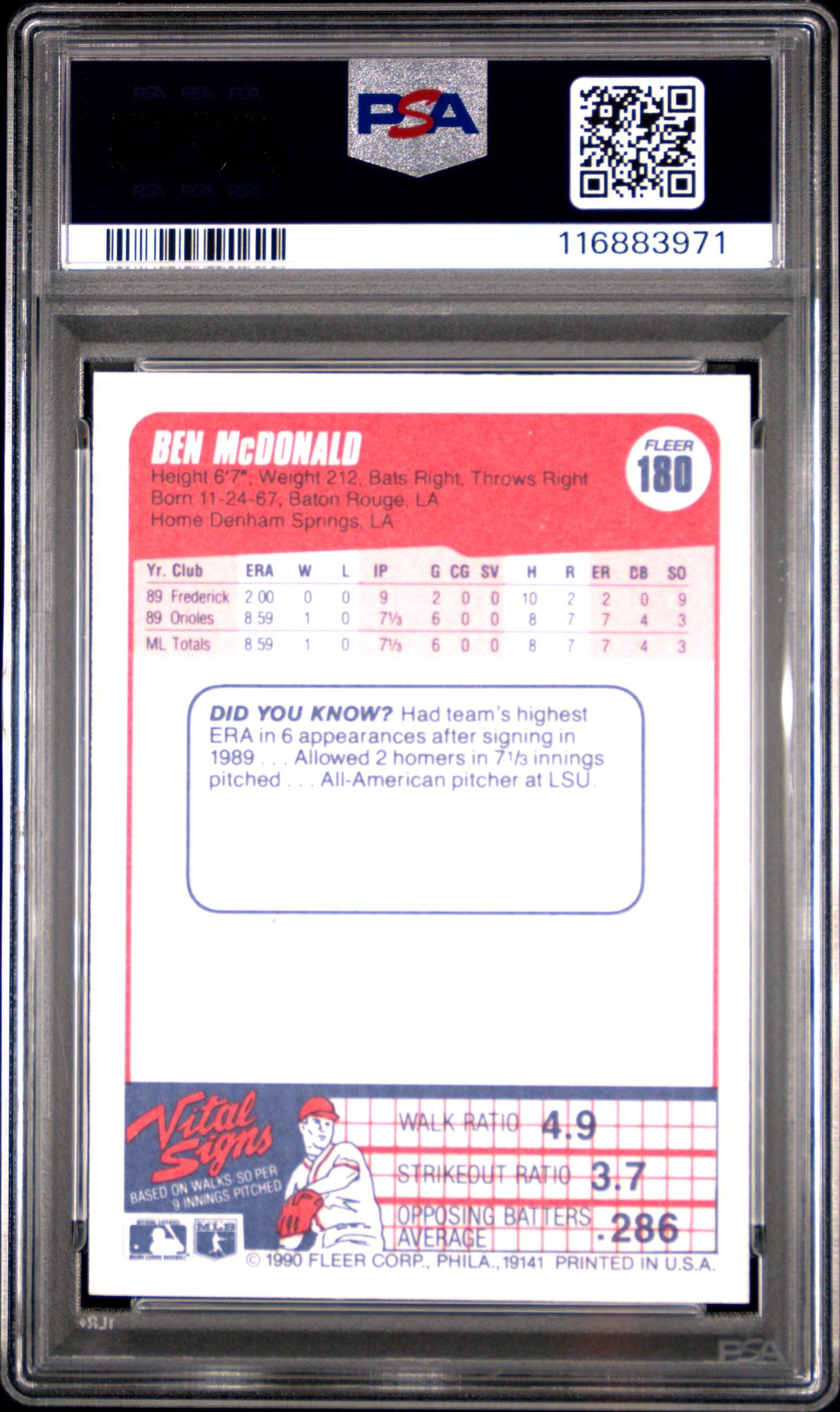 1990 Fleer Tradition Ben Mcdonald #180 PSA 10