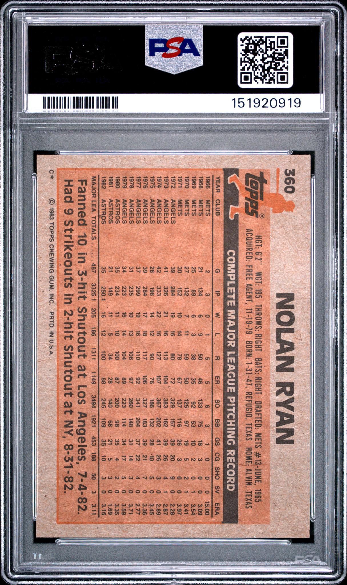 1983 Topps Nolan Ryan #360 PSA 8