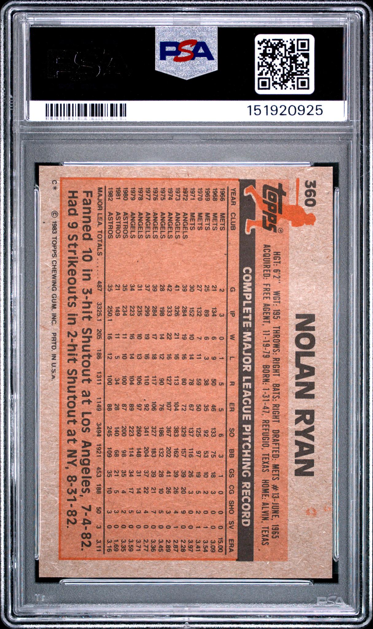 1983 Topps Nolan Ryan #360 PSA 8