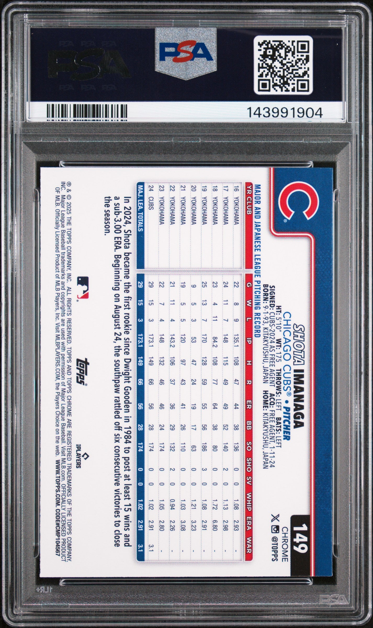 2025 Topps Chrome Lightboard Logo Refractor Shota Imanaga #149 PSA 9