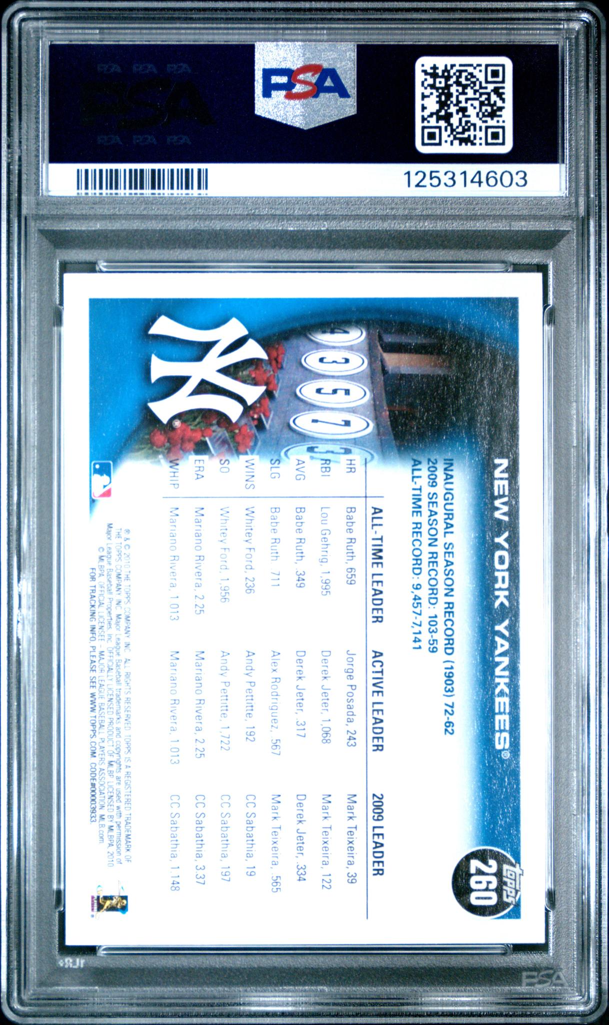 2010 Topps New York Yankees #260 PSA 10